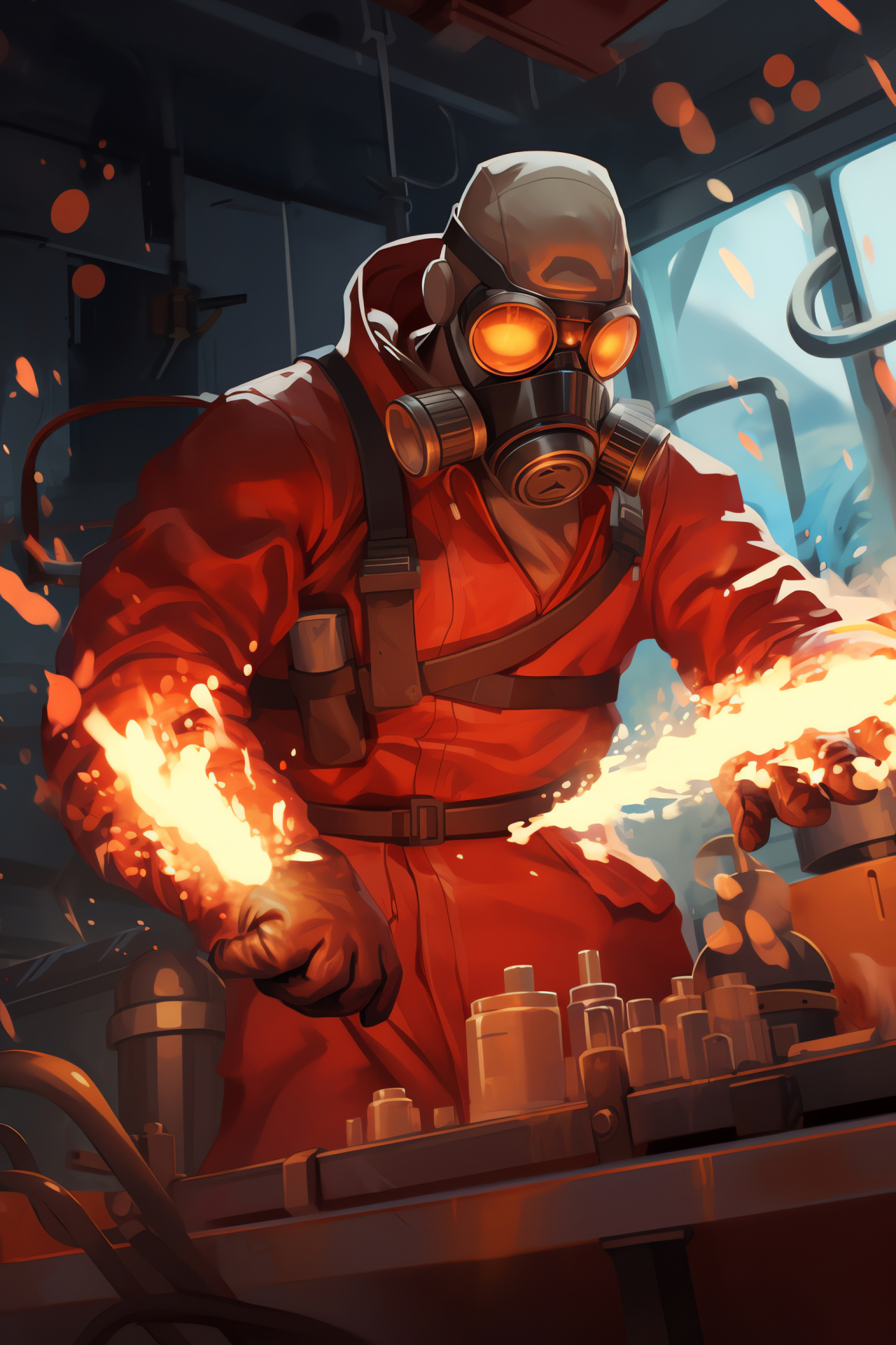 Pyro amidst technology, sci-fi experimentation room, chemistry apparatus, industrial ambiance, gaming franchise, HD Phone Image