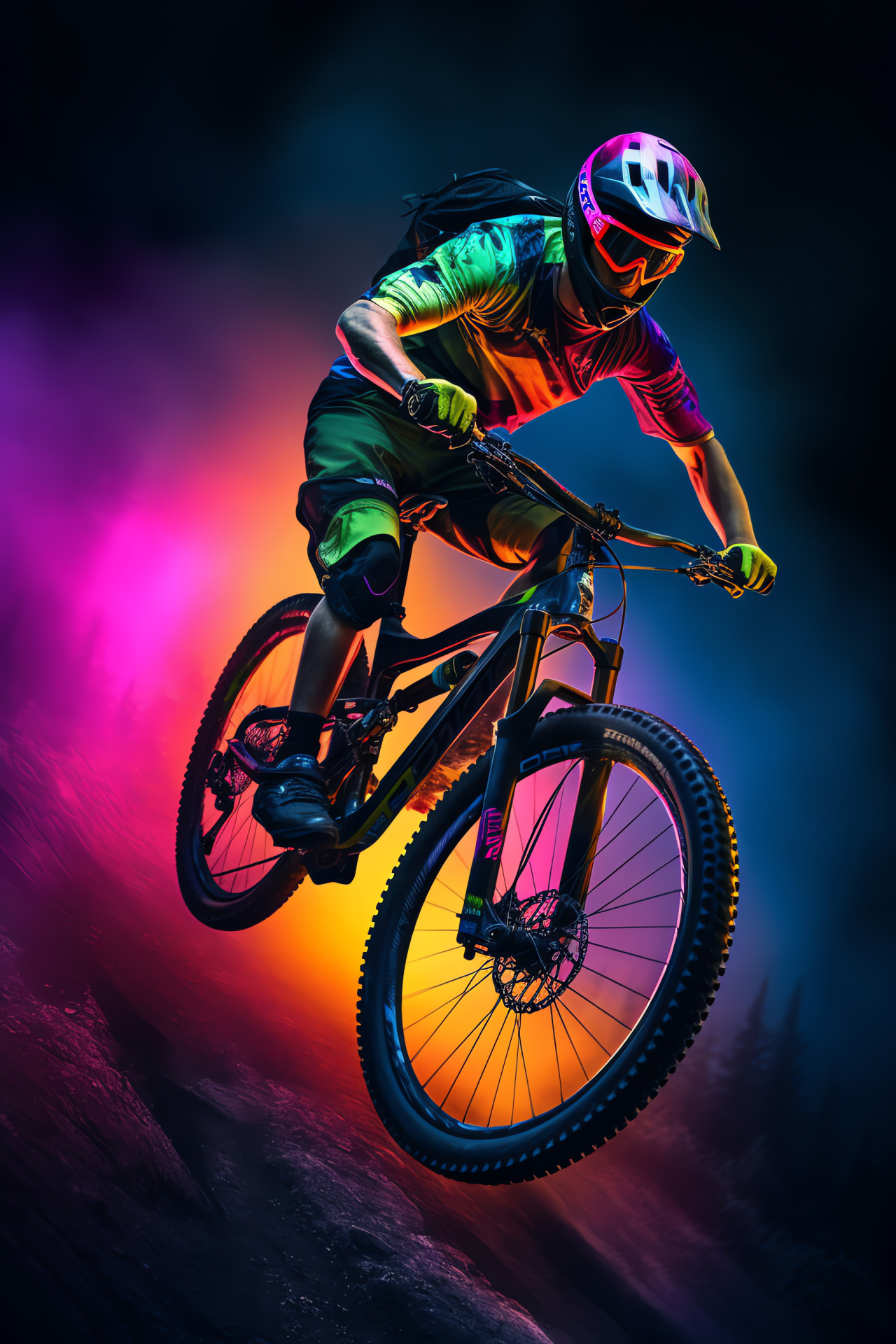 Mountain bike action shot, MTB mid-air stunt, Radient neon showcase, Biking extremity, High-energy cycle display, HD Phone Image