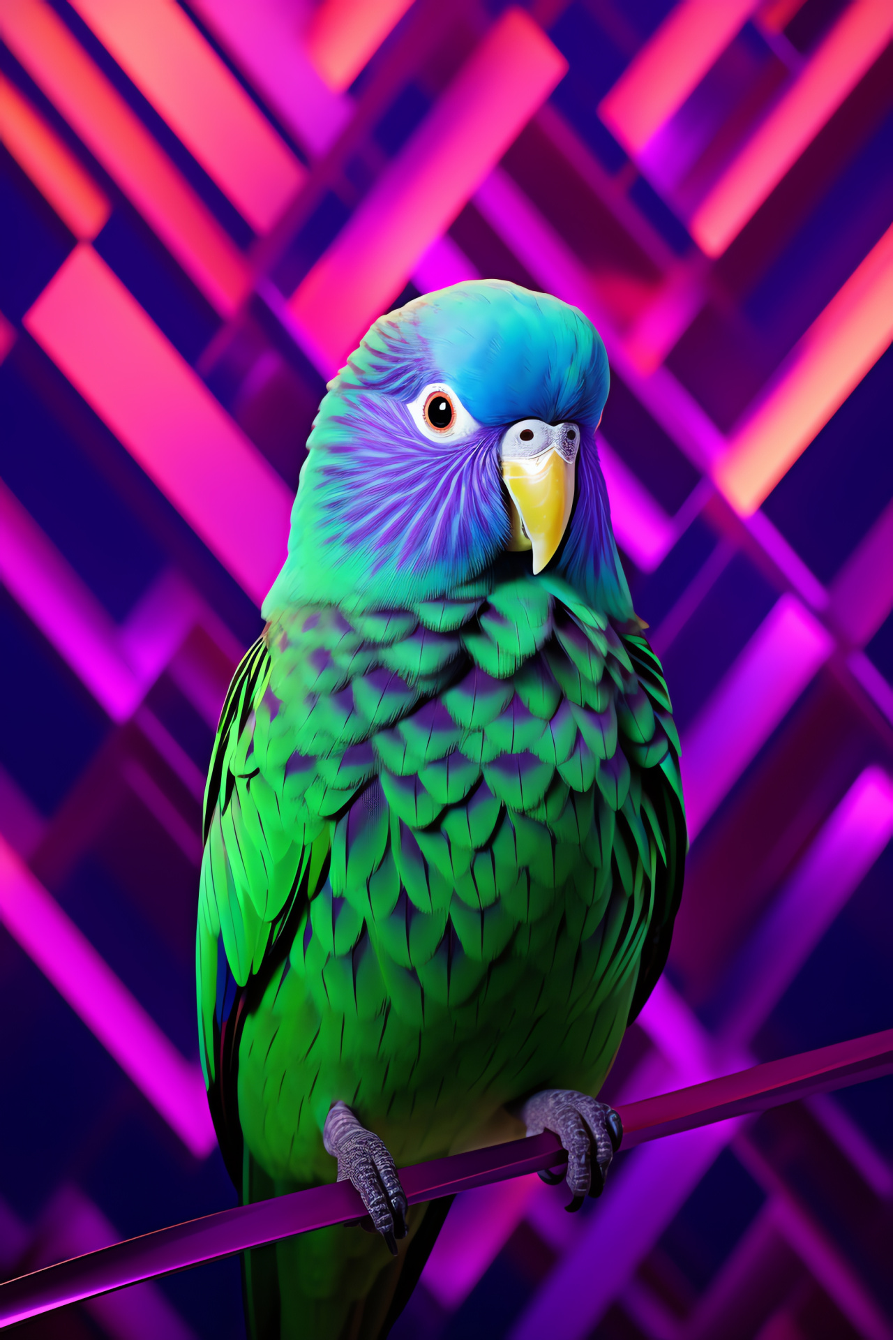 Parakeet, Bi-color green and purple bird, Avian perch stance, Geometric pattern background, Ornithology, HD Phone Wallpaper