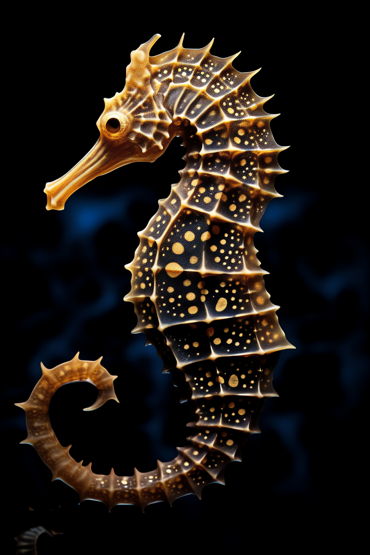 Sea Horse, close detail, intricate patterns, golden scales, black pure backdrop, shadow and highlight interplay, HD Phone Wallpaper