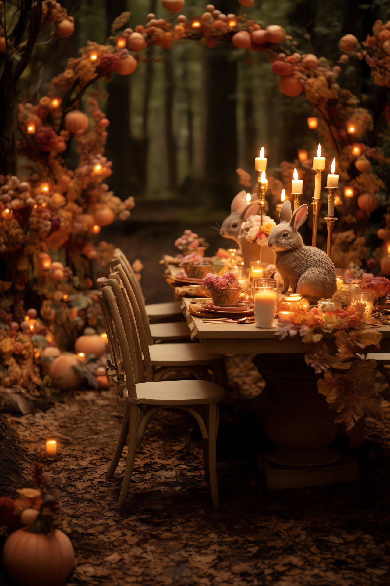 Thanksgiving fairytale setting, serene forest landscape, ancient trees, scattered autumn leaves, magical woodland, HD Phone Wallpaper