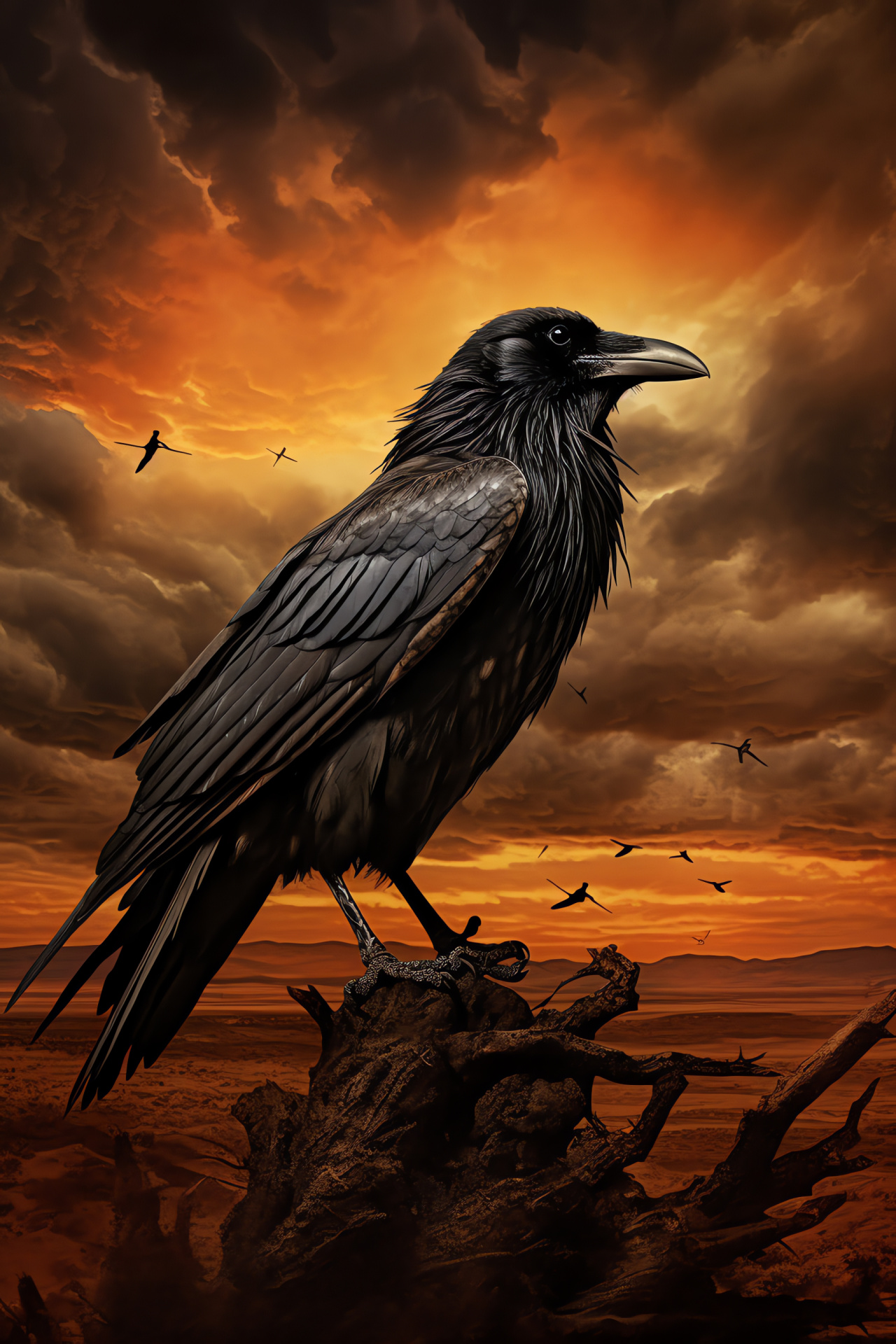 Raven bird, Black plumage, Ominous corvid with orange eyes, Gathering storm backdrop, Dark clouds and barrens, HD Phone Image