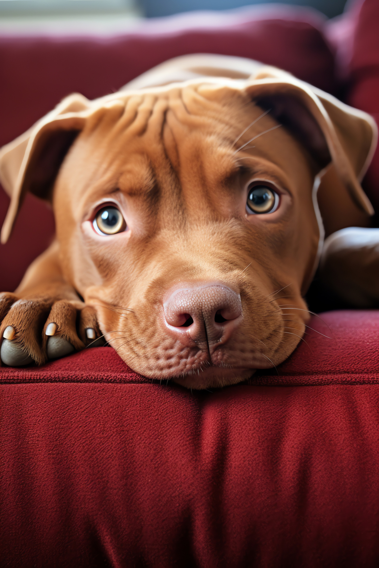 Red Nose Pitbull gaze, Comfortable pet, Home ambiance, Canine charm, Soft furnishings, HD Phone Image