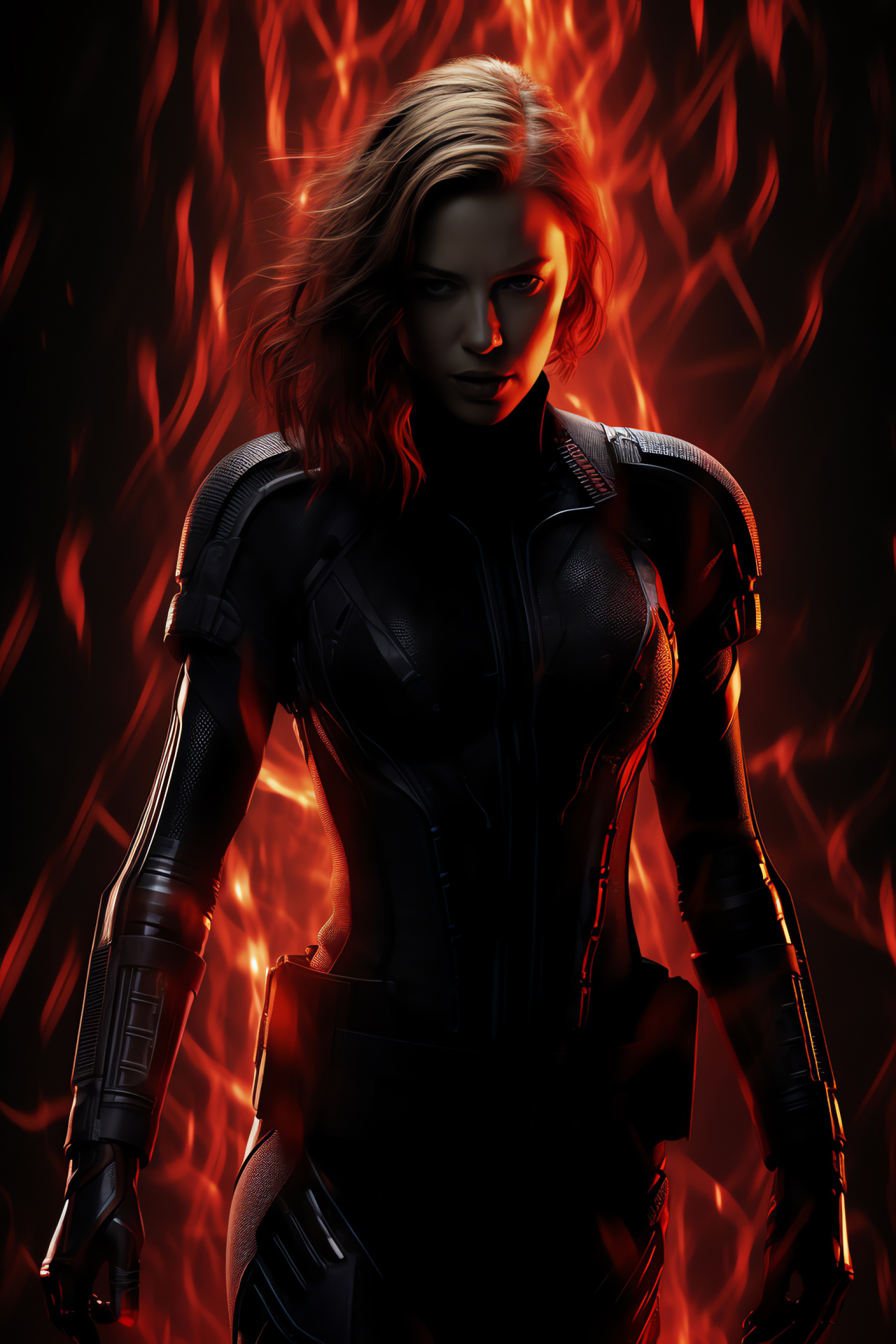 Heroine Scarlett Johansson, Agent Black Widow, intense expression, clear azure eyes, pure obsidian setting, HD Phone Wallpaper