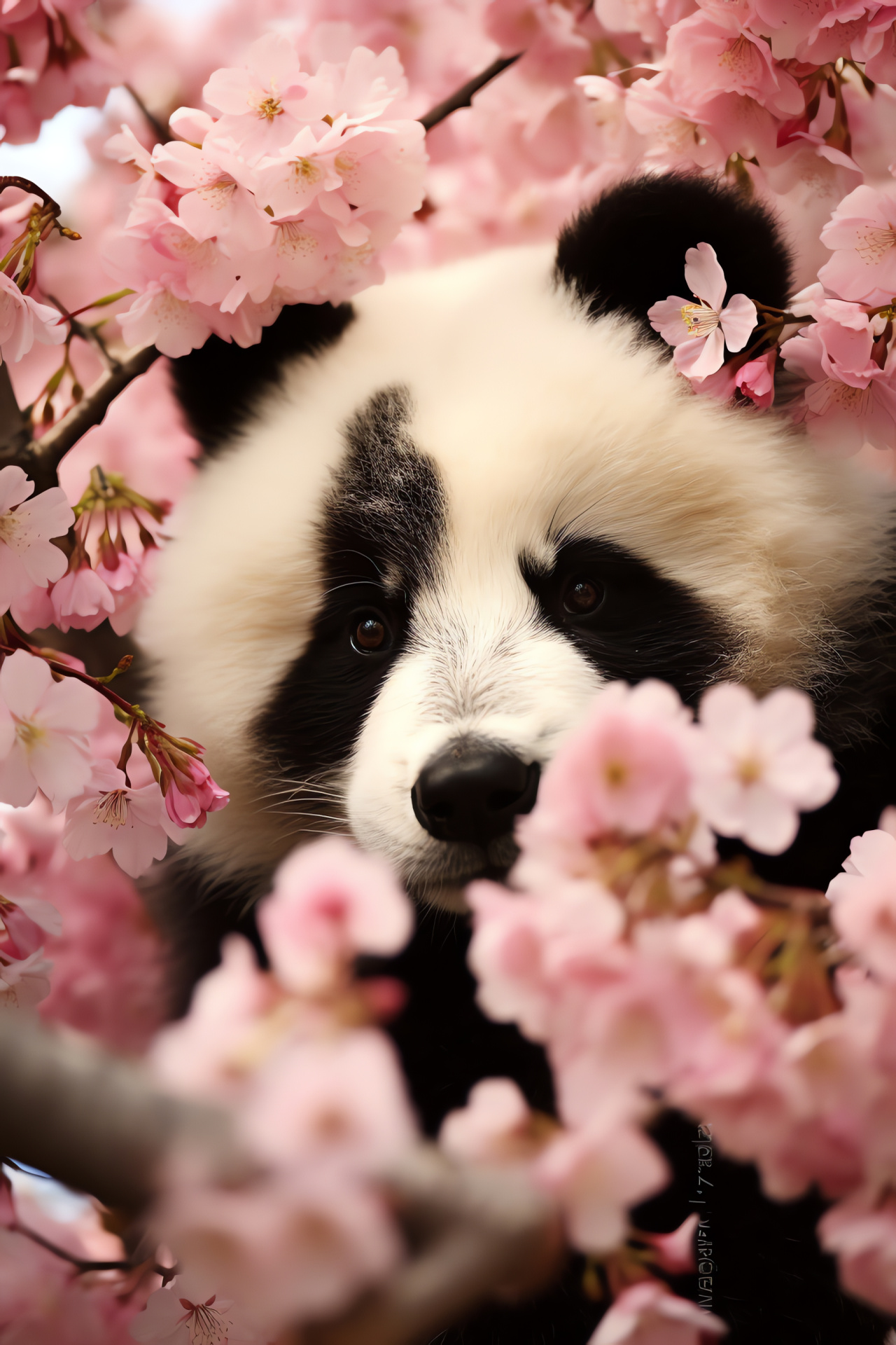 Ailuropoda melanoleuca, Cherry blossoms habitat, Solitary relaxation, Giant panda at rest, Protected species, HD Phone Wallpaper