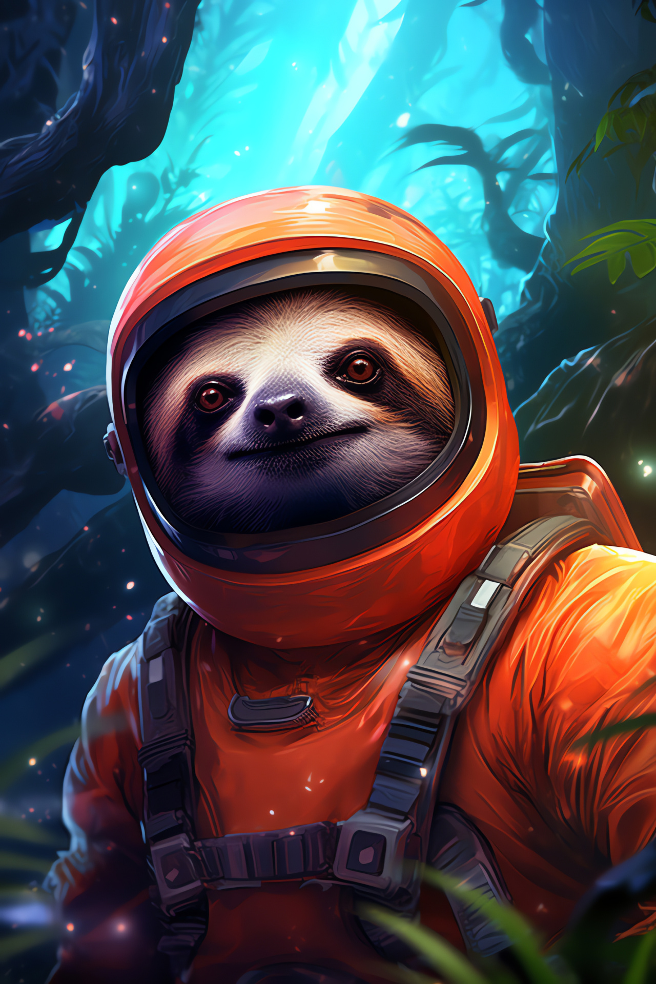 Sloth astronaut, sci-fi theme, exotic terrain, fantasy forest, space exploration, HD Phone Image