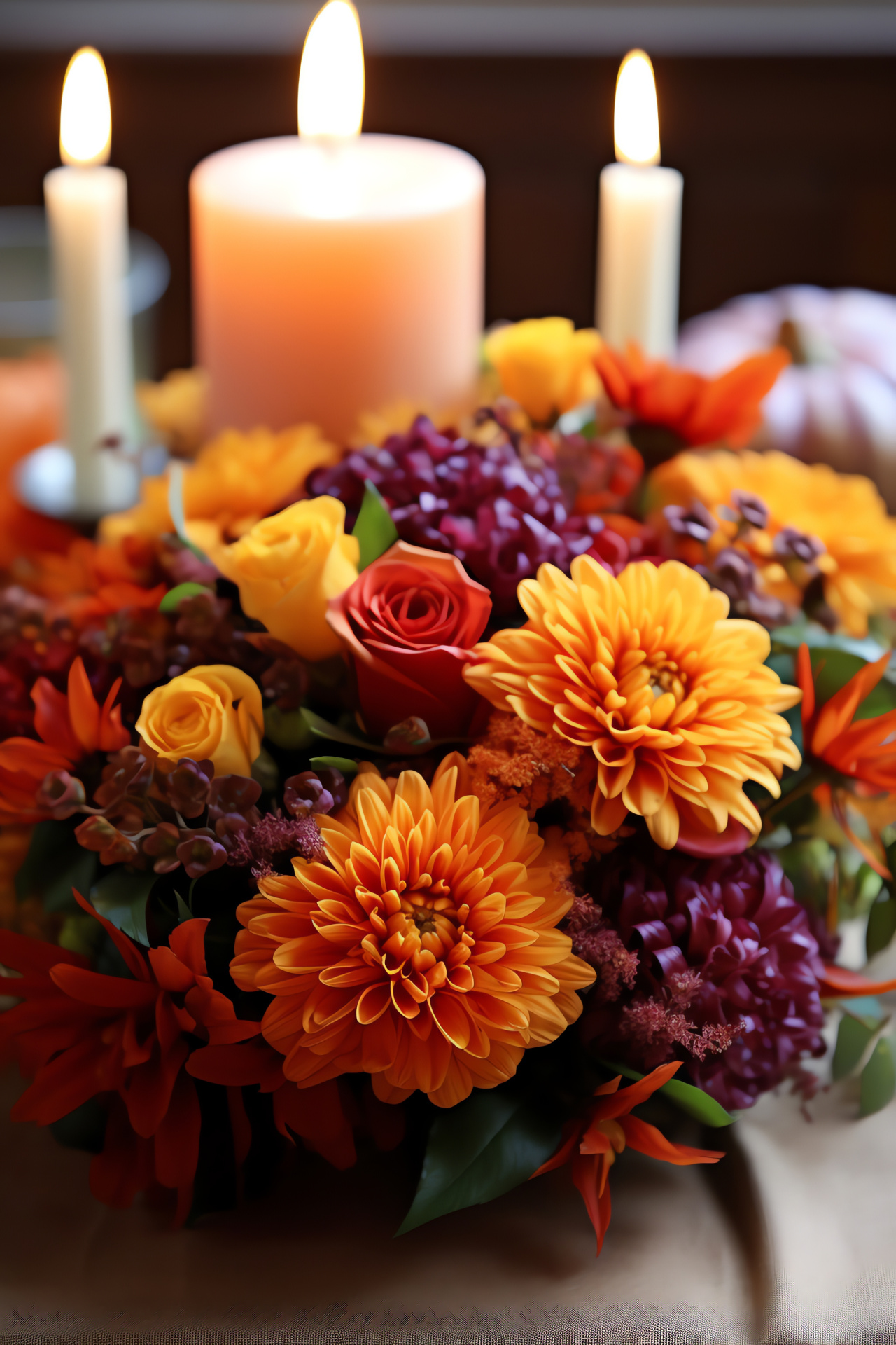 Thanksgiving, table garnish, autumnal blooms, gourds, wax lights, HD Phone Wallpaper