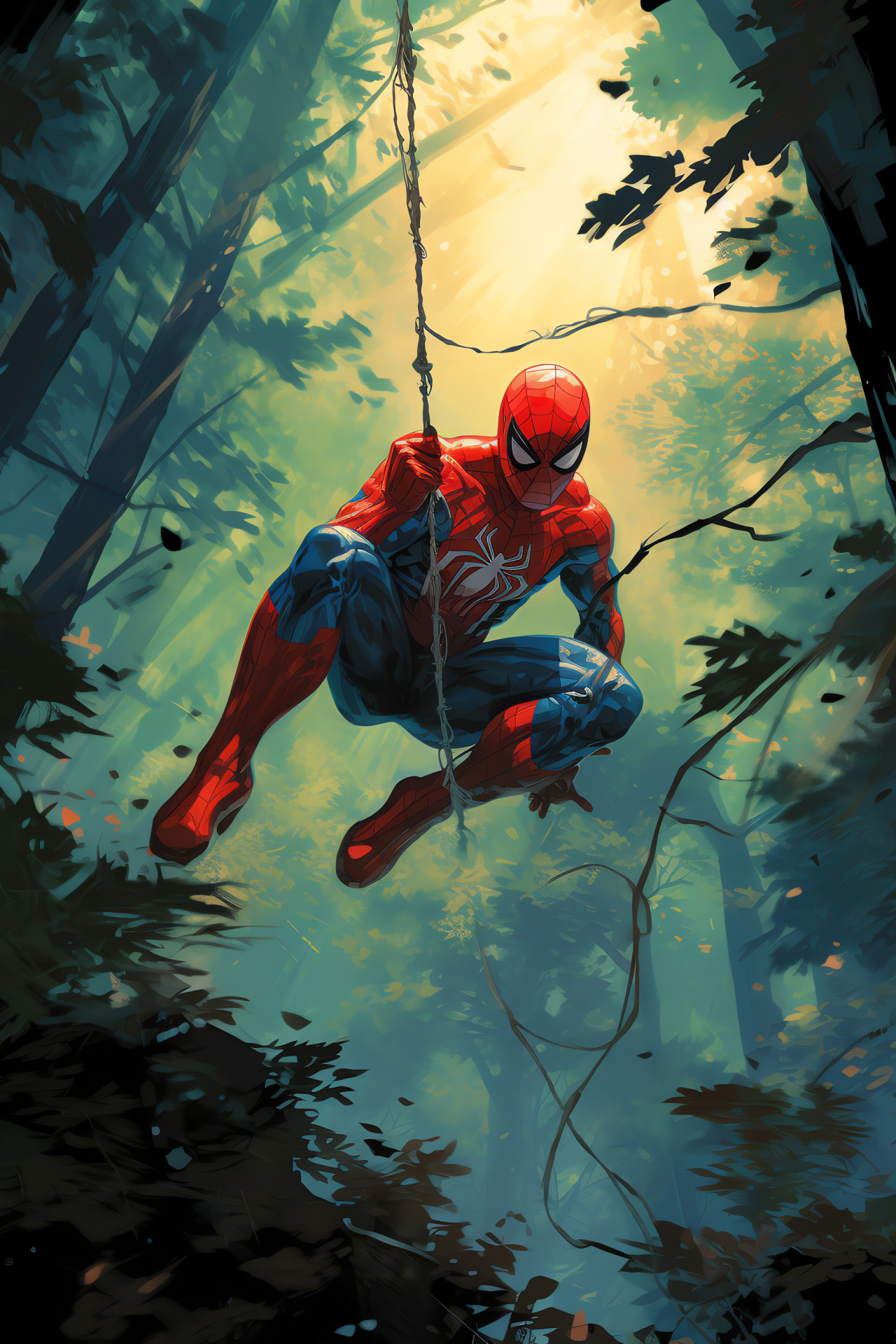 Peter Parker, Spider-Man in mid-swing, lush woods, superhero agility, iconic suit, HD Phone Wallpaper