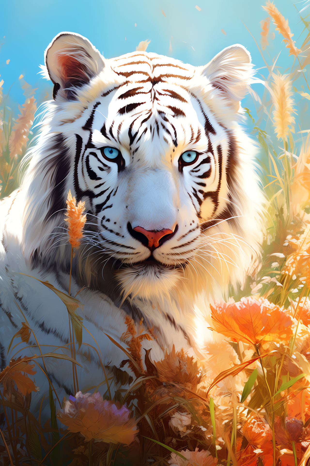 White Tiger, Amber-intense look, Verdant fields, Creature's allure, Striped coat, HD Phone Wallpaper