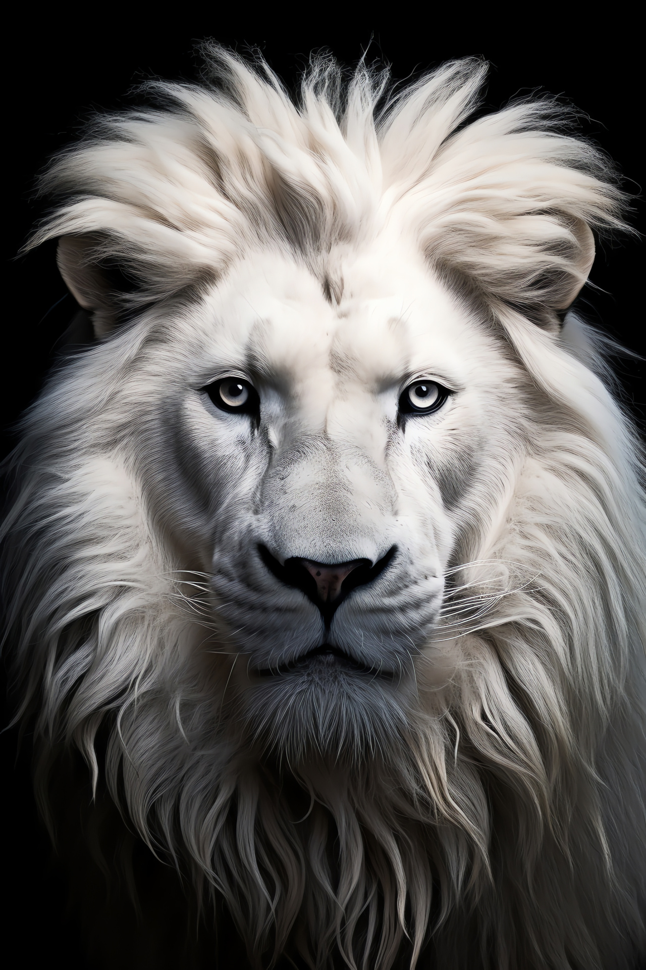 Majestic White Lion, Gleaming Oculars, Wide-Landscape Capture, Sleek Mane Wildlife, Monochrome Environment, HD Phone Image