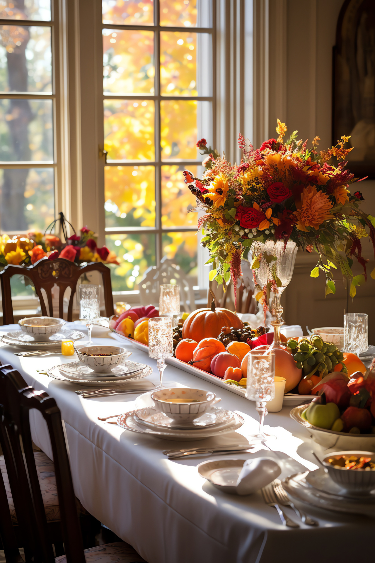 Thanksgiving family dinner, Festive table ensemble, Holiday floral centerpieces, Autumn harvest display, Gathered kin feast, HD Phone Image