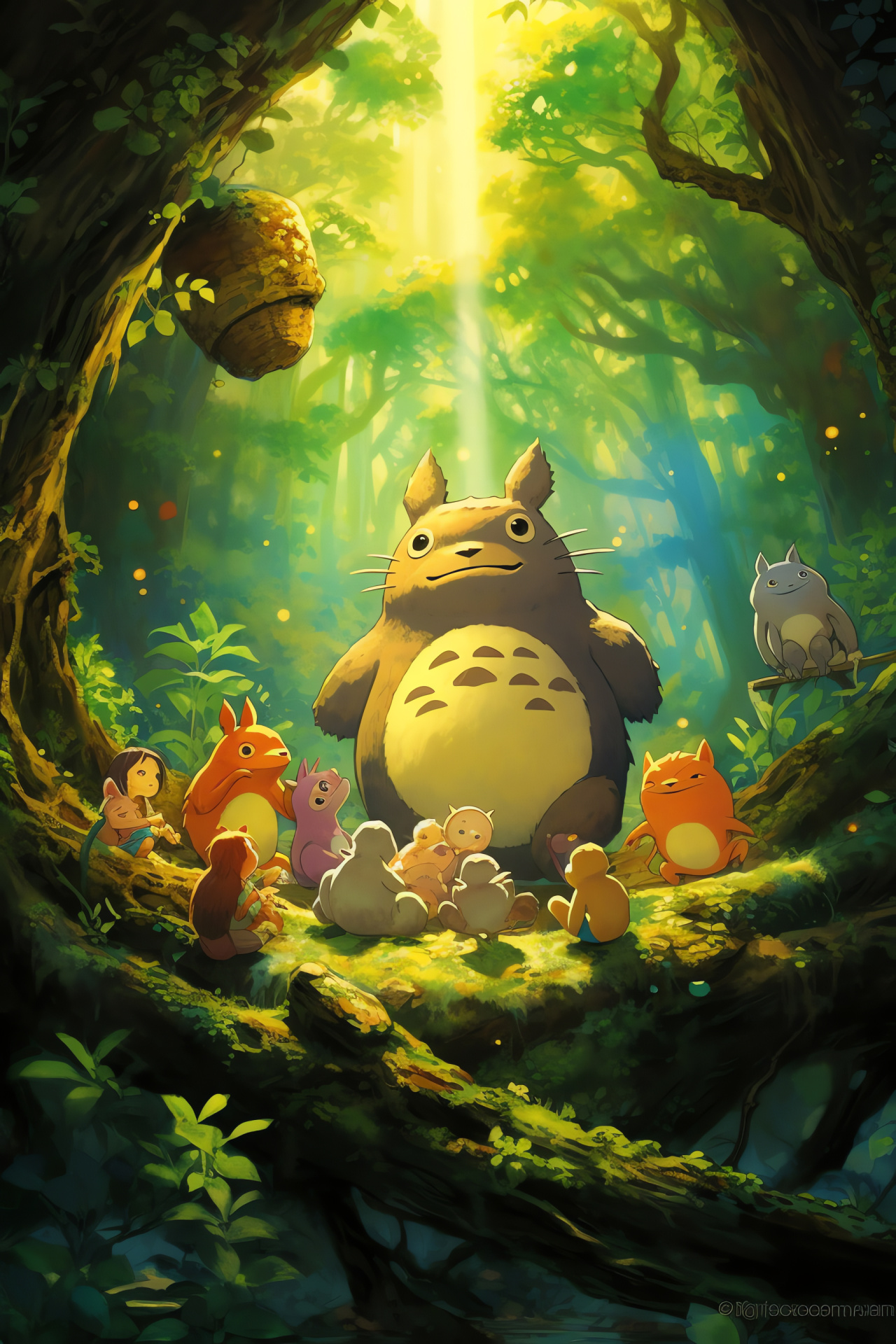 My Neighbor Totoro animation, magical Totoro creature, siblings adventure, enchanted forest setting, iconic tree, HD Phone Image