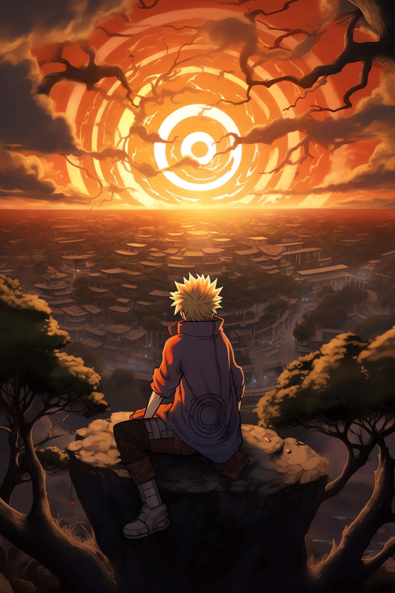 Naruto Shippuden imagery, Ninja village silhouette, Evening in Konoha, Uzumaki as Hokage, Iconic anime view, HD Phone Wallpaper