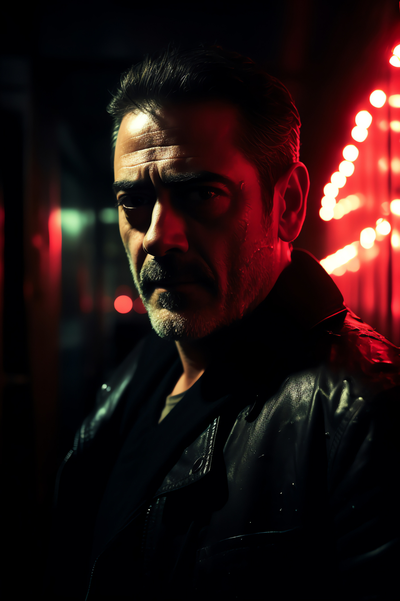 Dramatic Negan scene, Jeffrey Dean's intense look, Neon lit ambience, Television series, Character in hallway, HD Phone Wallpaper