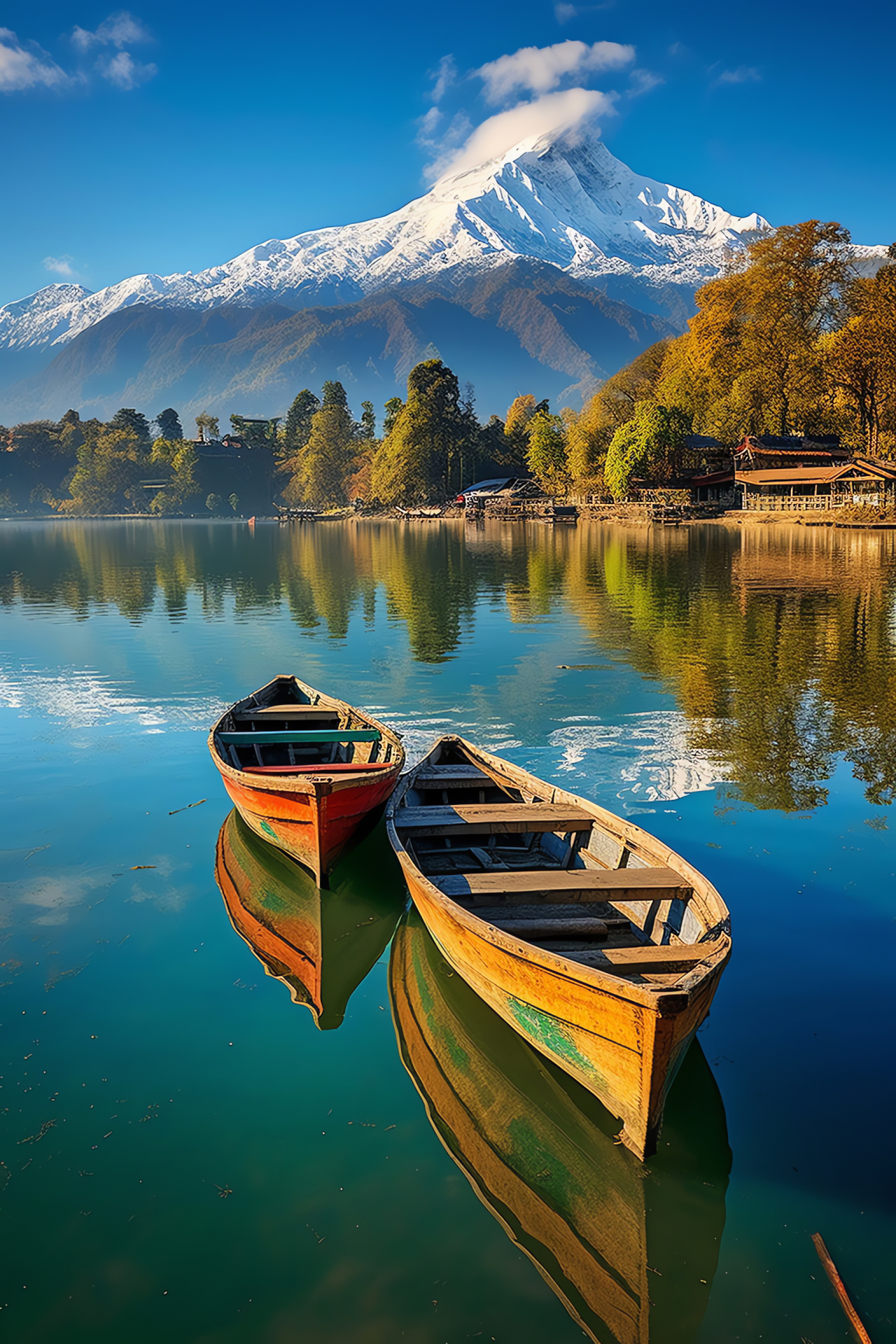 Pokhara lakeside tranquility, Annapurna vista, Phewa Lake boats, Nepalese topography, serene natural elements, HD Phone Image