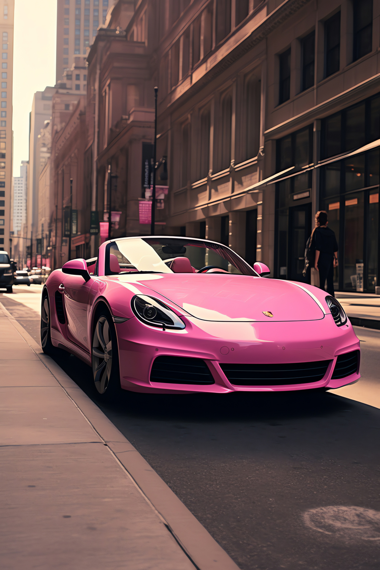 Pink automobiles, Convertible model, Urban environment, City skyline, Metropolitan buildings, HD Phone Wallpaper
