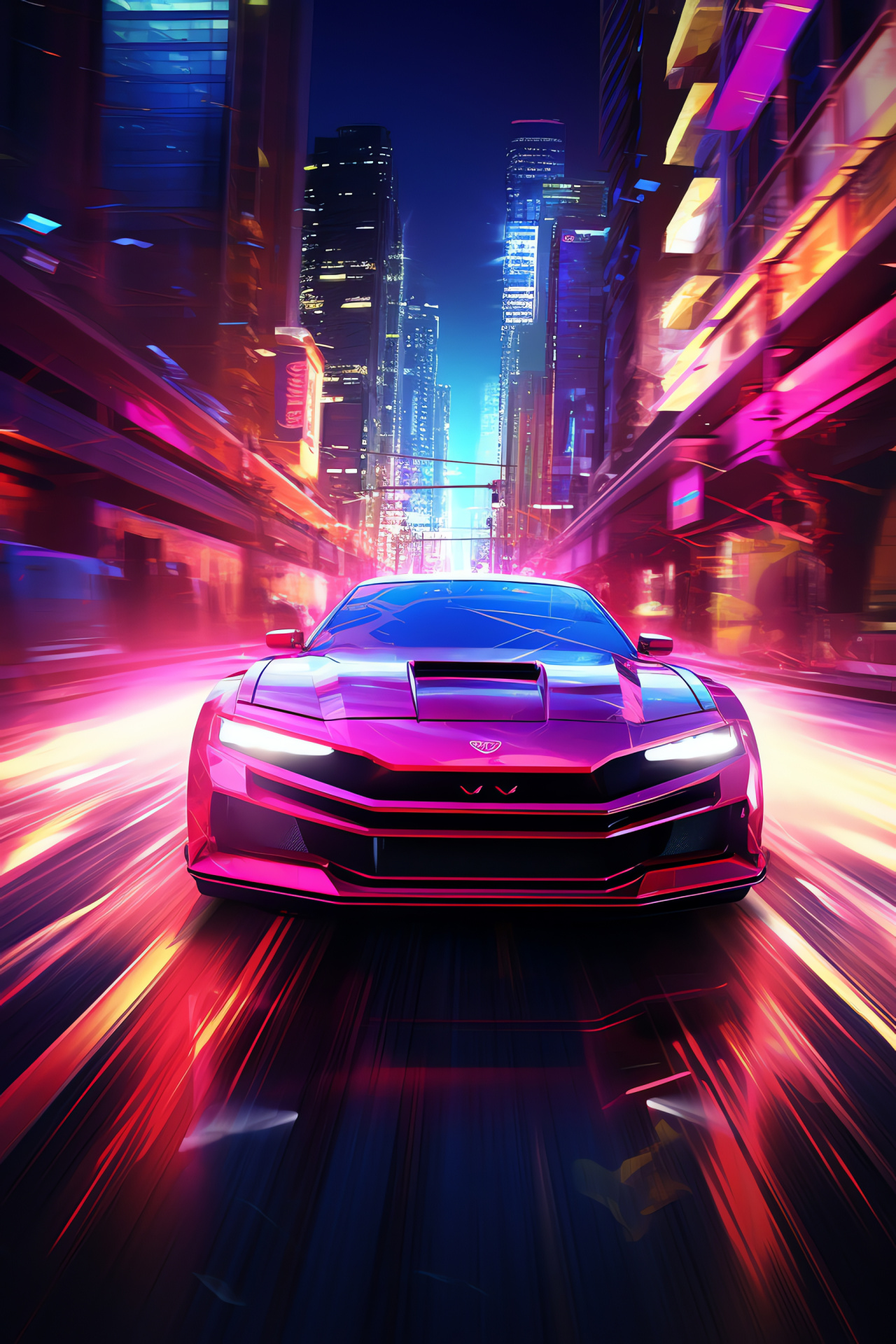 Neon Car, cityscape panorama, holographic urban ads, night driving, city lights, HD Phone Image