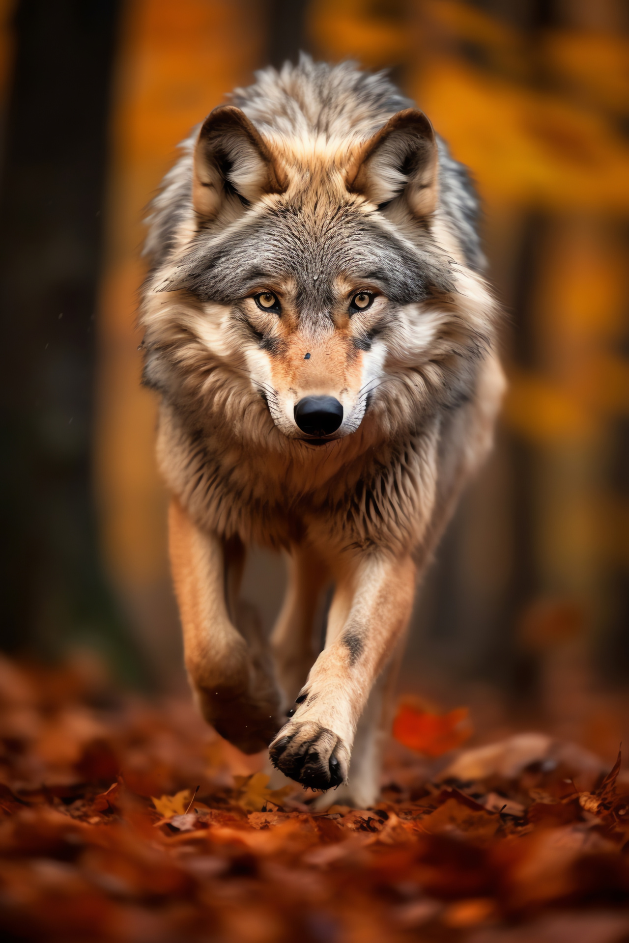 Autumn Timber Wolf, Canine in fall, Copper-red fur, Deciduous woodland, Seasonal change in nature, HD Phone Image