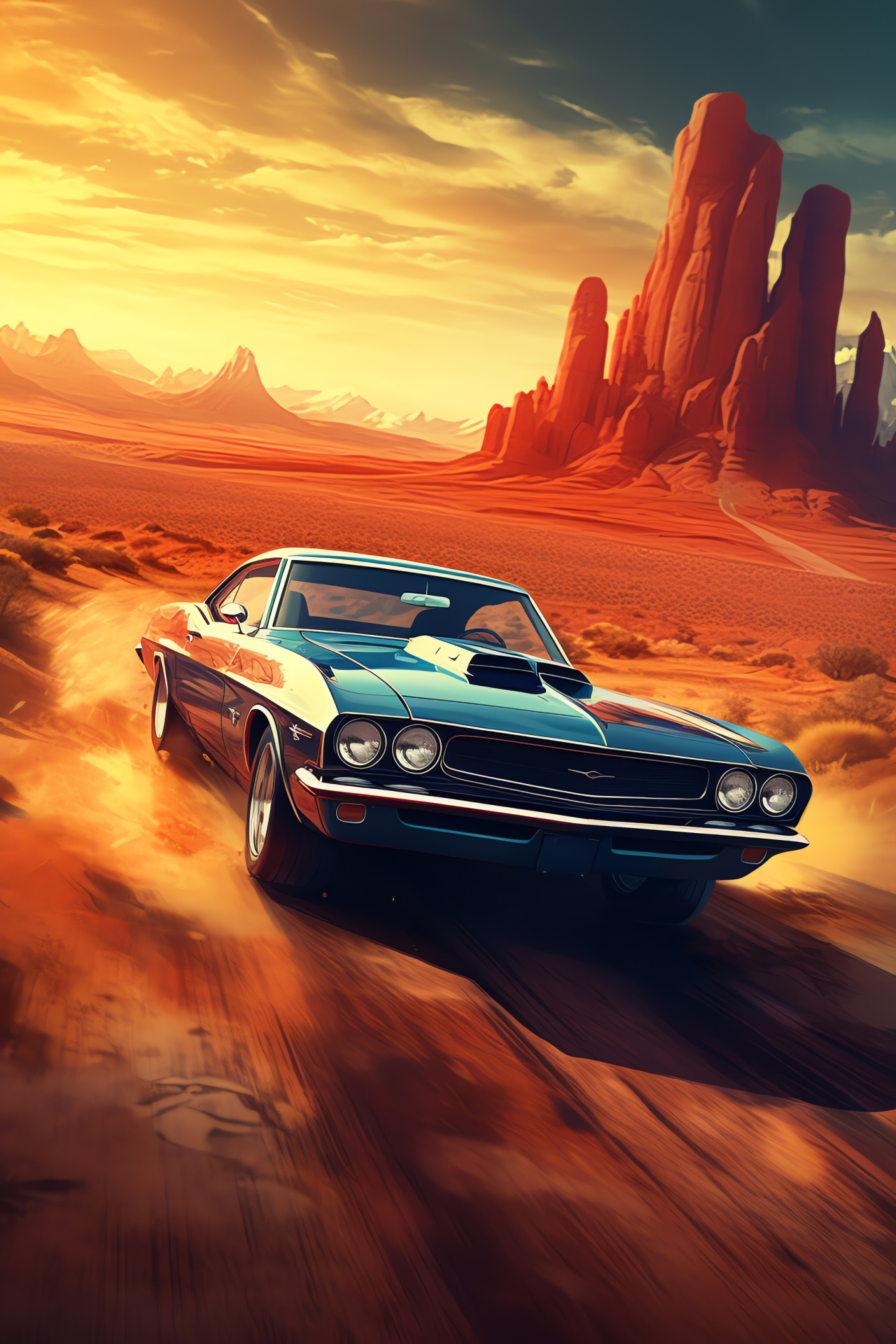 Vintage muscle car, Desert highway journey, Retro aesthetic, Classic car design, Open road adventure, HD Phone Image