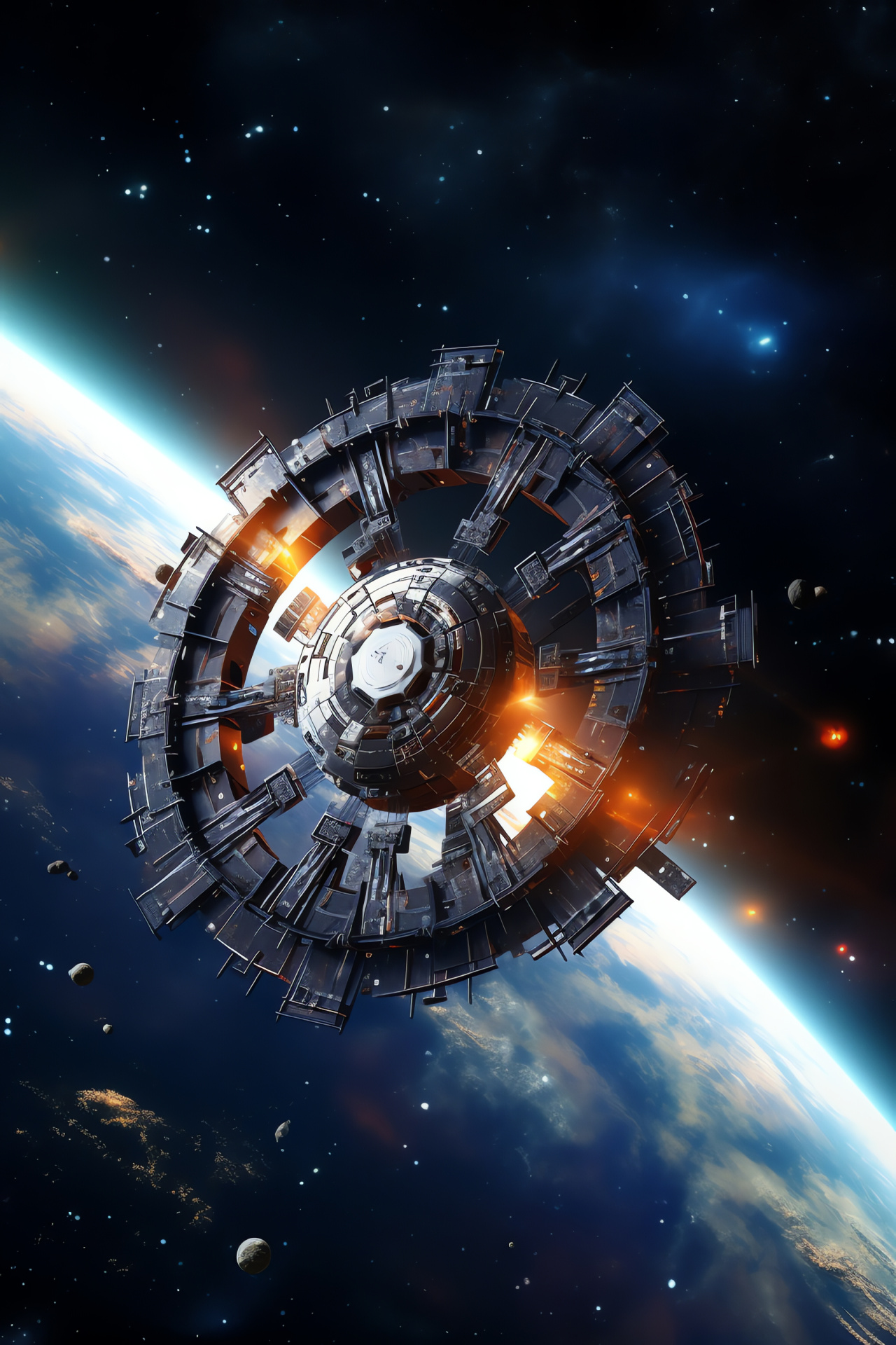 Orbital complex, Vast cosmos, Interconnected habitat, Energy-harnessing panels, Dazzling galactic display, HD Phone Image