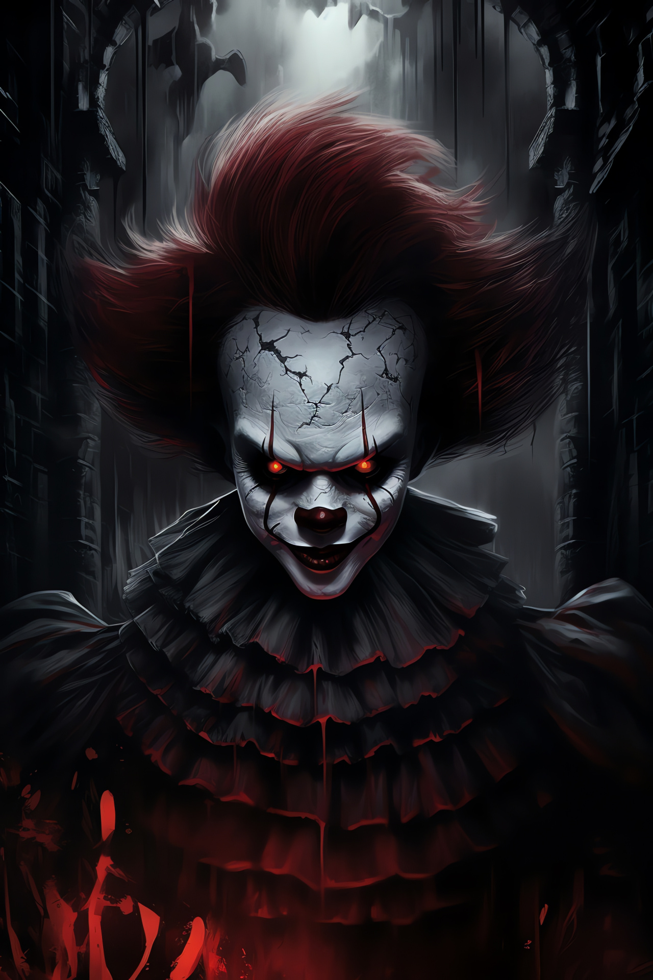 Pennywise terror, abandoned structure, pitch-black, clown makeup, sinister details, HD Phone Image