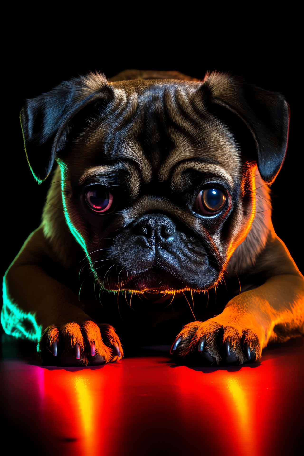 Pug breed, canine spiraled tail, dark face mask, spirited posture, radiant urban backdrop, HD Phone Wallpaper