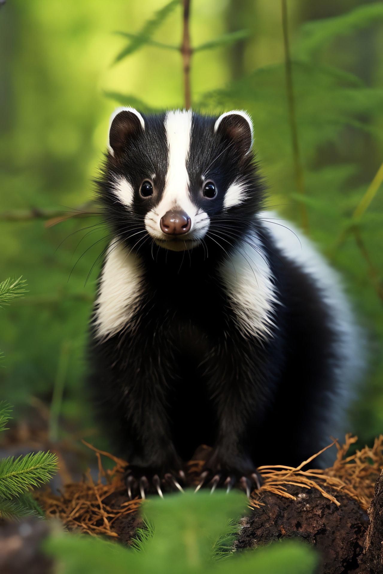 Forest dweller, striped young skunk, tranquil nature scene, nocturnal wanderer, woodland evening, HD Phone Wallpaper