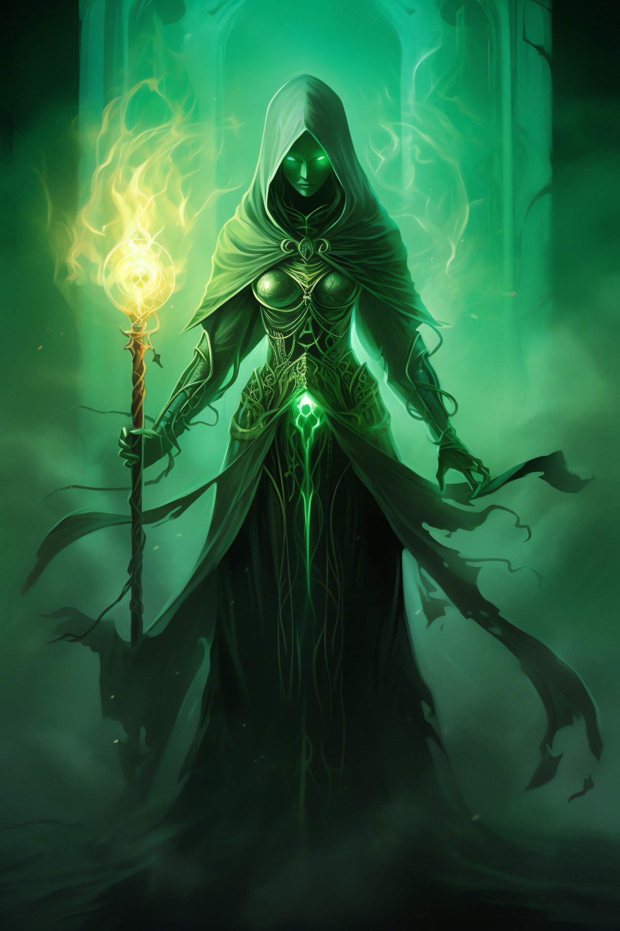 Necromancer Elysia, Enigmatic spellcaster, Dark arts mastery, Green-eyed enchantress, Role-playing game element, HD Phone Image