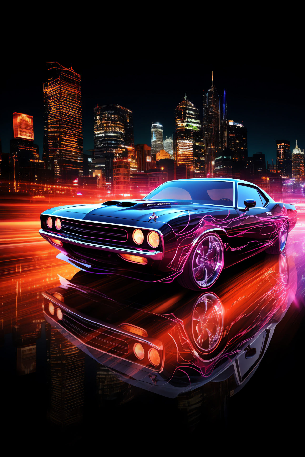 Muscle car aura, Swirling lines fantasy, Future metropolis concept, Vehicle silhouette sleekness, Neon vibrancy, HD Phone Wallpaper