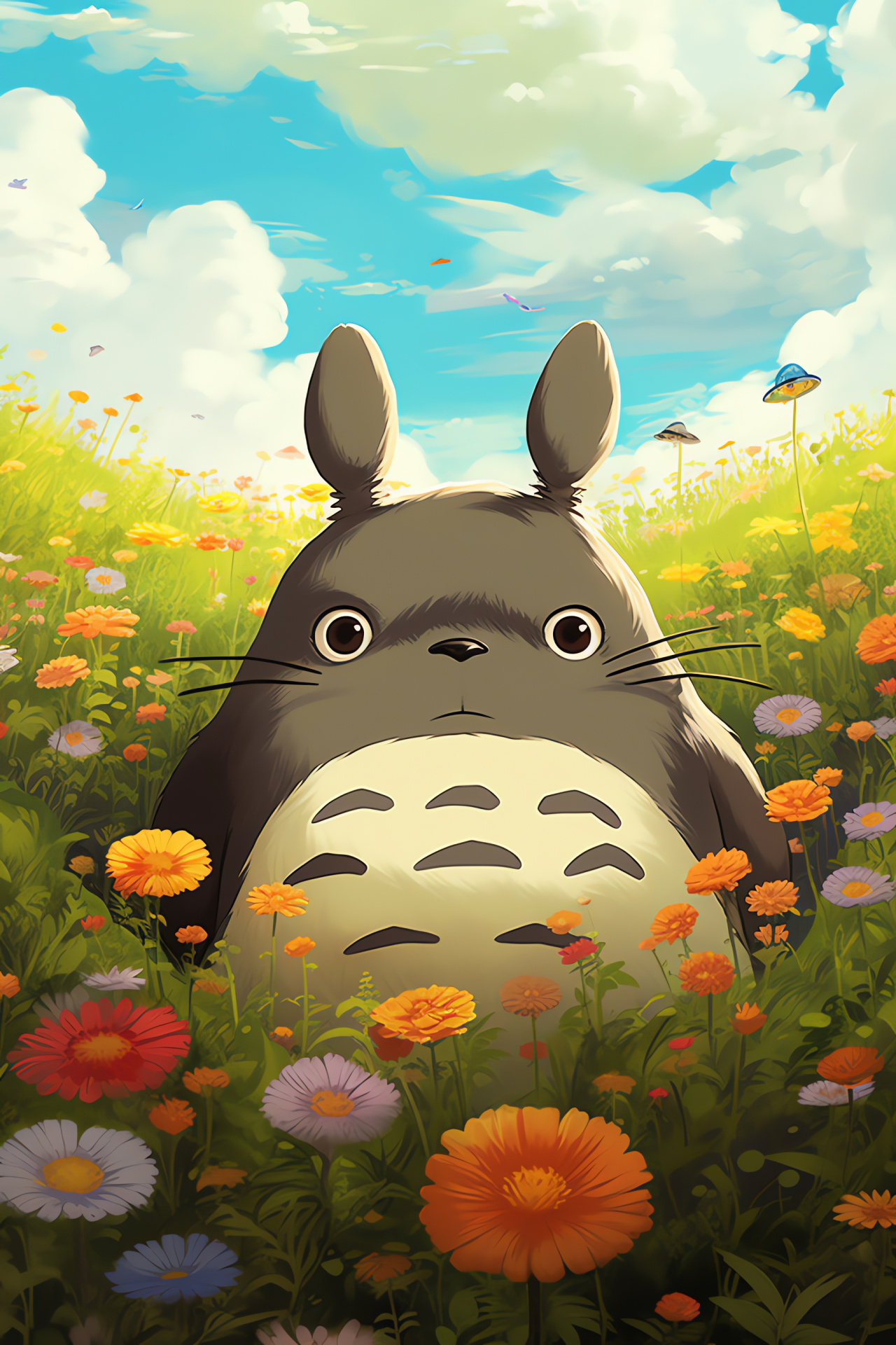 Totoro with girls, Ghibli's natural setting, Floral landscape, Anime whimsy, Children's fantasy, HD Phone Image