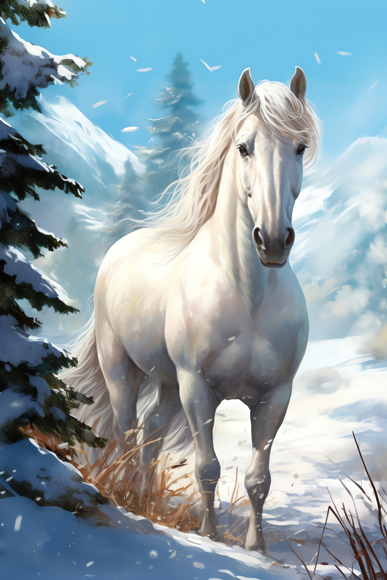 Equine photography, white stallion, horse elegance, equestrian winter scene, equine grace, HD Phone Image