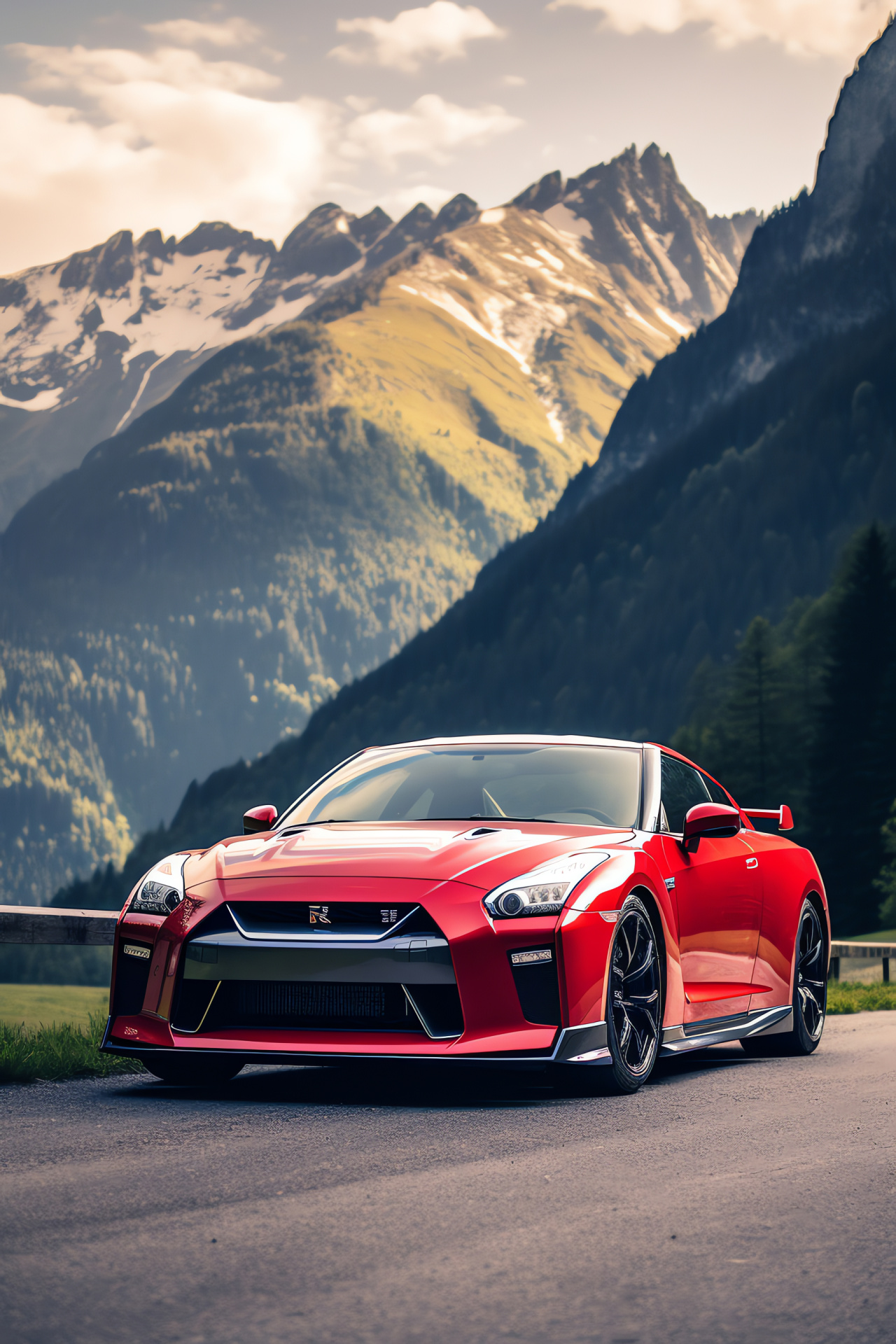 Nissan GTR HD in Swiss Alps, GT-R50 limited version, Contrasting car hues, Zigzag mountain passes, Alpine scenery, HD Phone Image