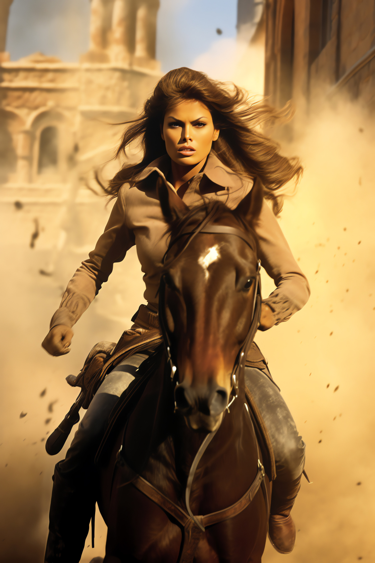 Raquel Welch in Bandolero!, Western film pursuit, Impassioned character action, Horseback escape, Cinematic adrenaline, HD Phone Wallpaper