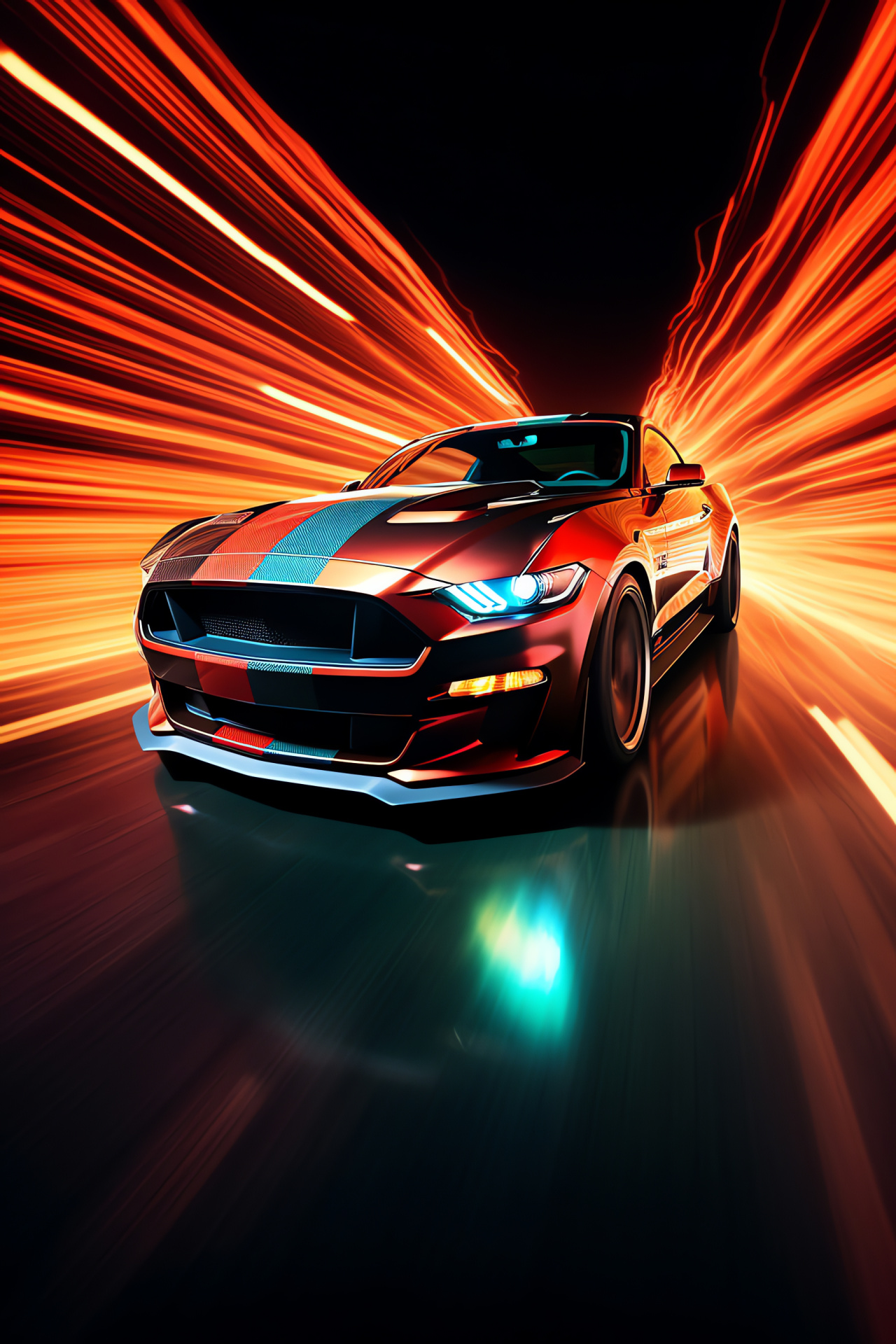 Ford Mustang visuals, Illuminated auto style, Mustang in motion, Sports car dynamic, Performance vehicle, HD Phone Wallpaper