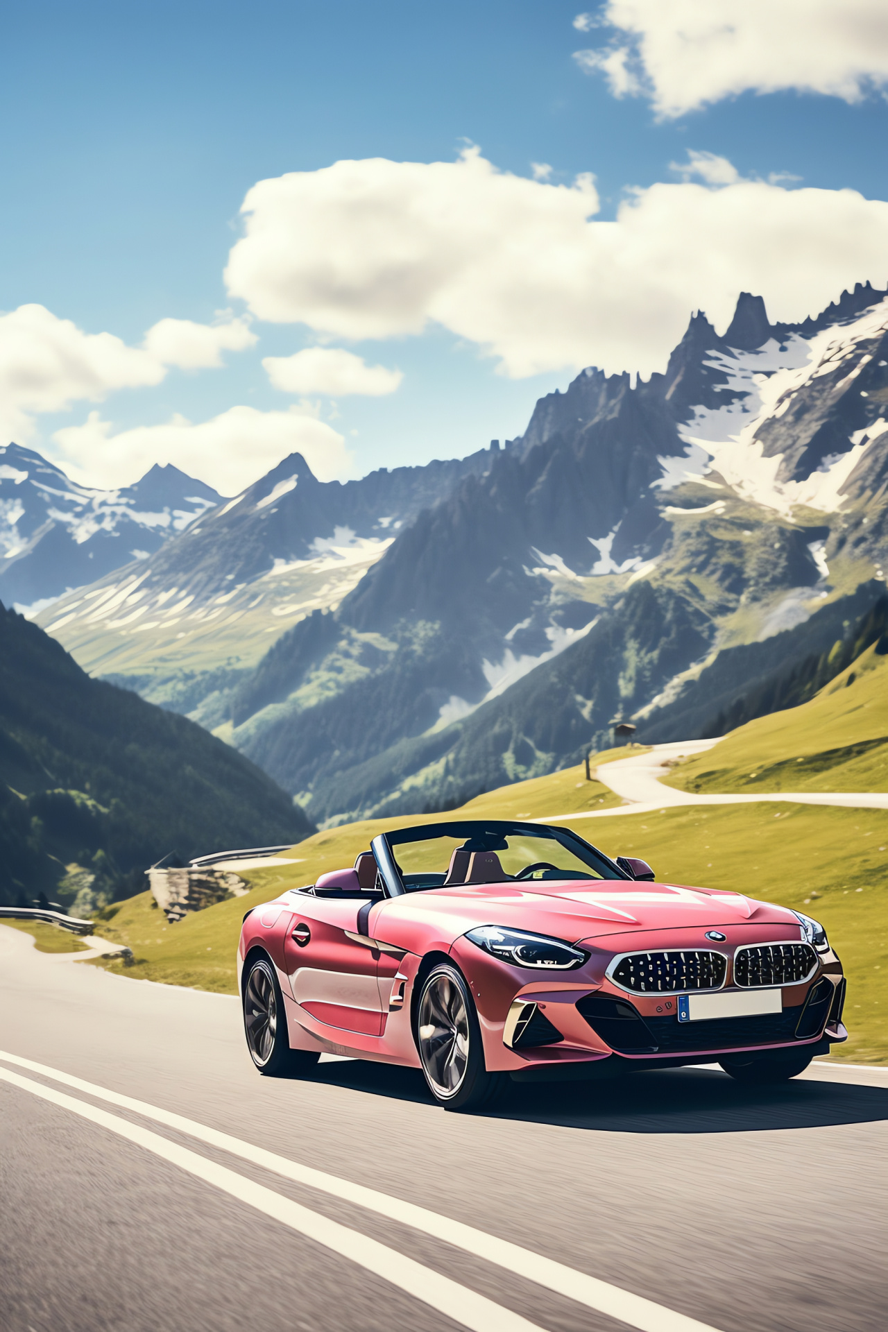 Alpine Pink BMW Z4 Roadster, Mountainous Swiss drive, Convertible sports car, Alpine vistas, Verdant valley exploration, HD Phone Wallpaper