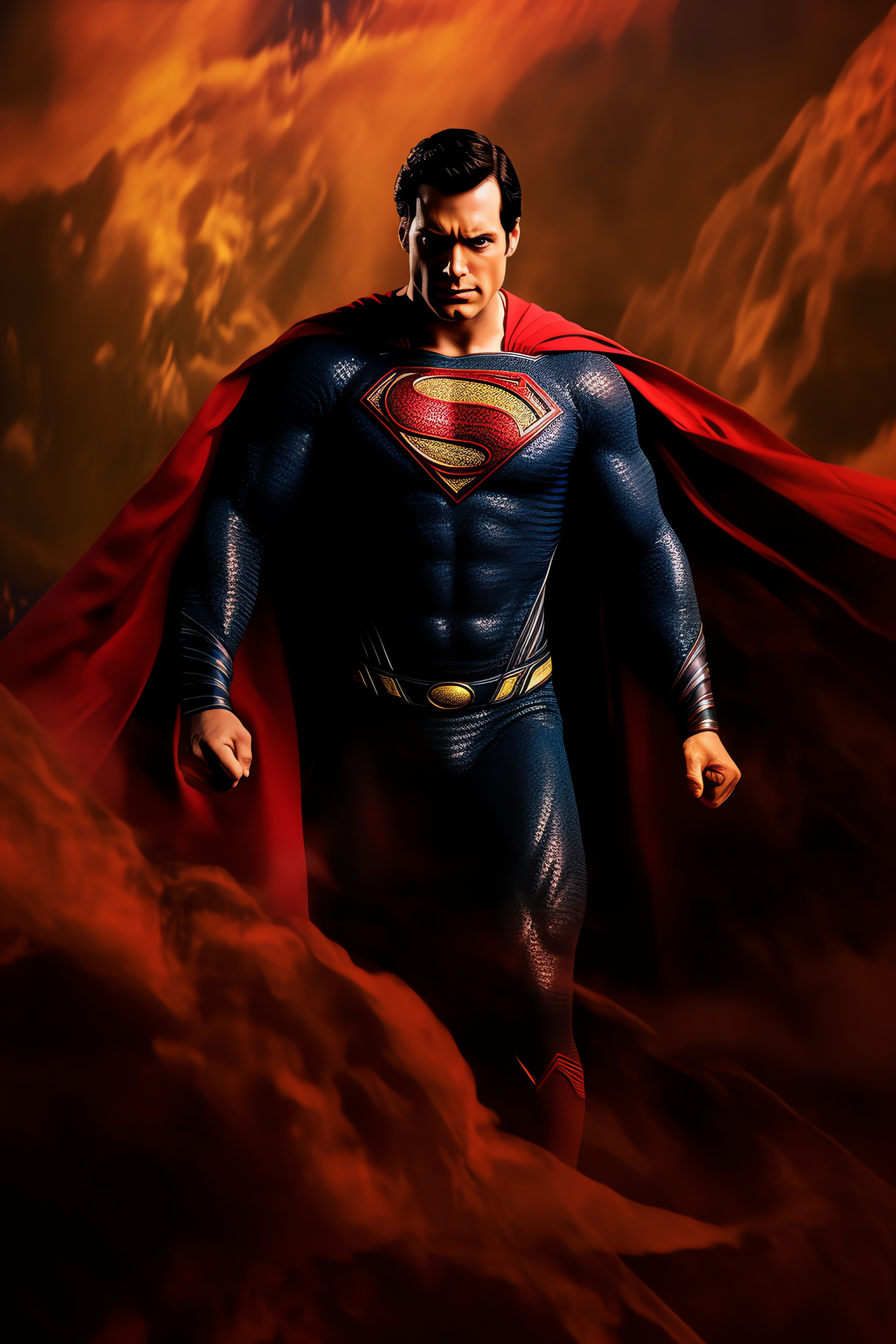 Superman in action, Red cape imagery, Defender of Earth, Steel-blue gaze, Heroic posture, HD Phone Wallpaper