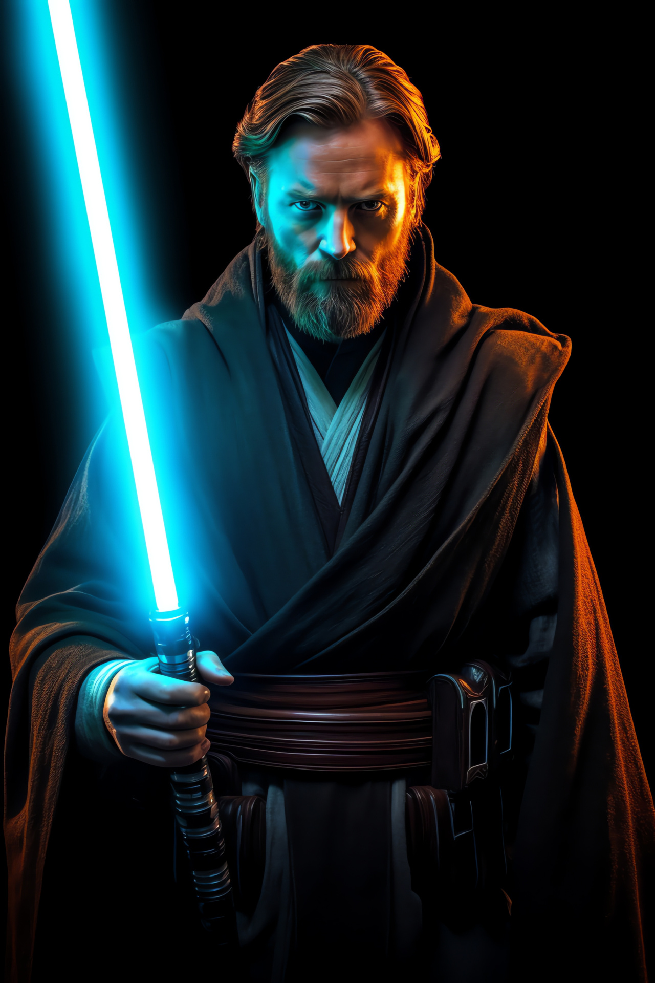 Kenobi with lightsaber, Jedi costume, Plasma blade, Luminous visual effects, Sci-fi ambiance, HD Phone Image