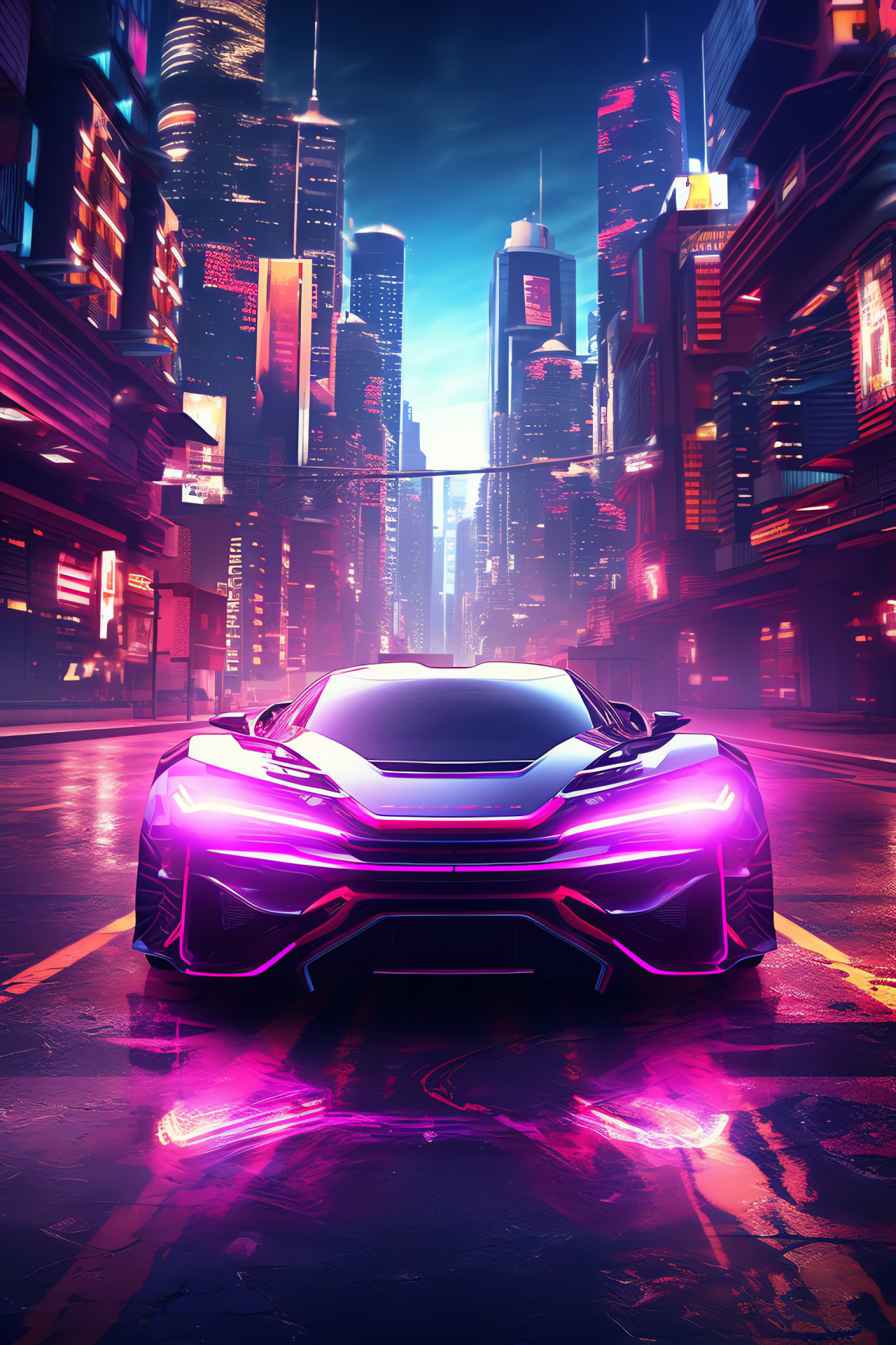 Concept automobile depiction, Neon-drenched metropolis, Science fiction environment, Advanced auto prototype, Visionary urban narrative, HD Phone Image