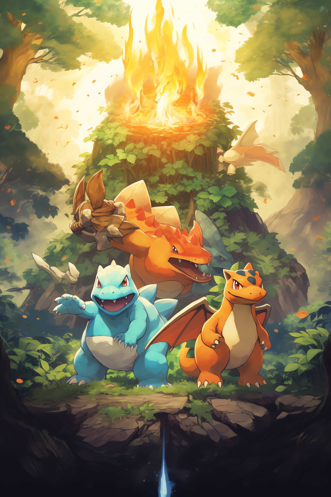 Misty Forest scene, Mystery Dungeon adventure, Charizard flame, Blastoise force, Venusaur strength, HD Phone Wallpaper