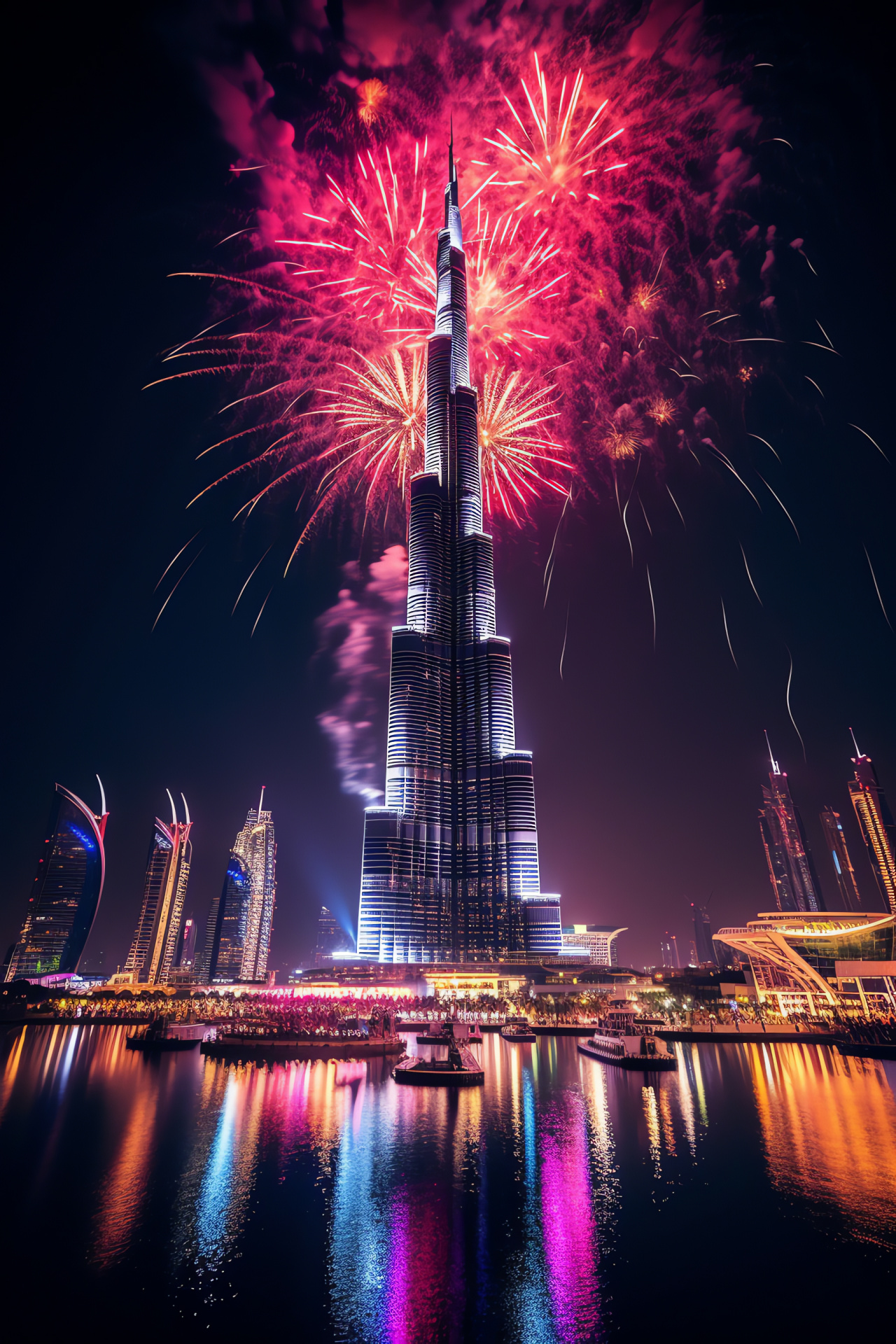 Dubai New Year's Eve, Burj Khalifa, Dubai Fountain, Spectacular fireworks, Dazzling LED showcase, HD Phone Wallpaper