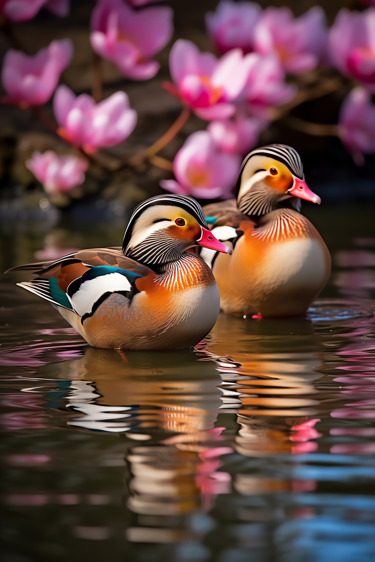 Mandarin Duck species, Ornamental bird, Lake-side habitat, Wildlife photography, Zen-like environment, HD Phone Wallpaper