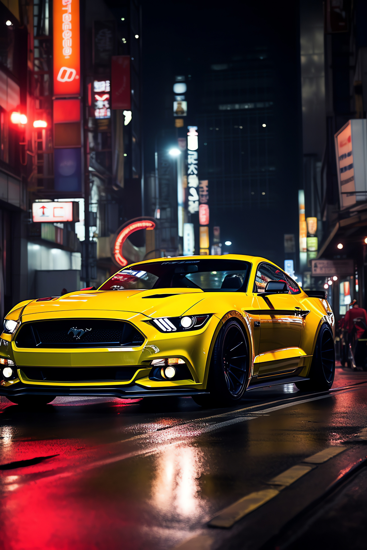 Ford Mustang Tokyo drift, Action packed Mustang, GT performance, Urban street race, Neon sign reflections, HD Phone Image
