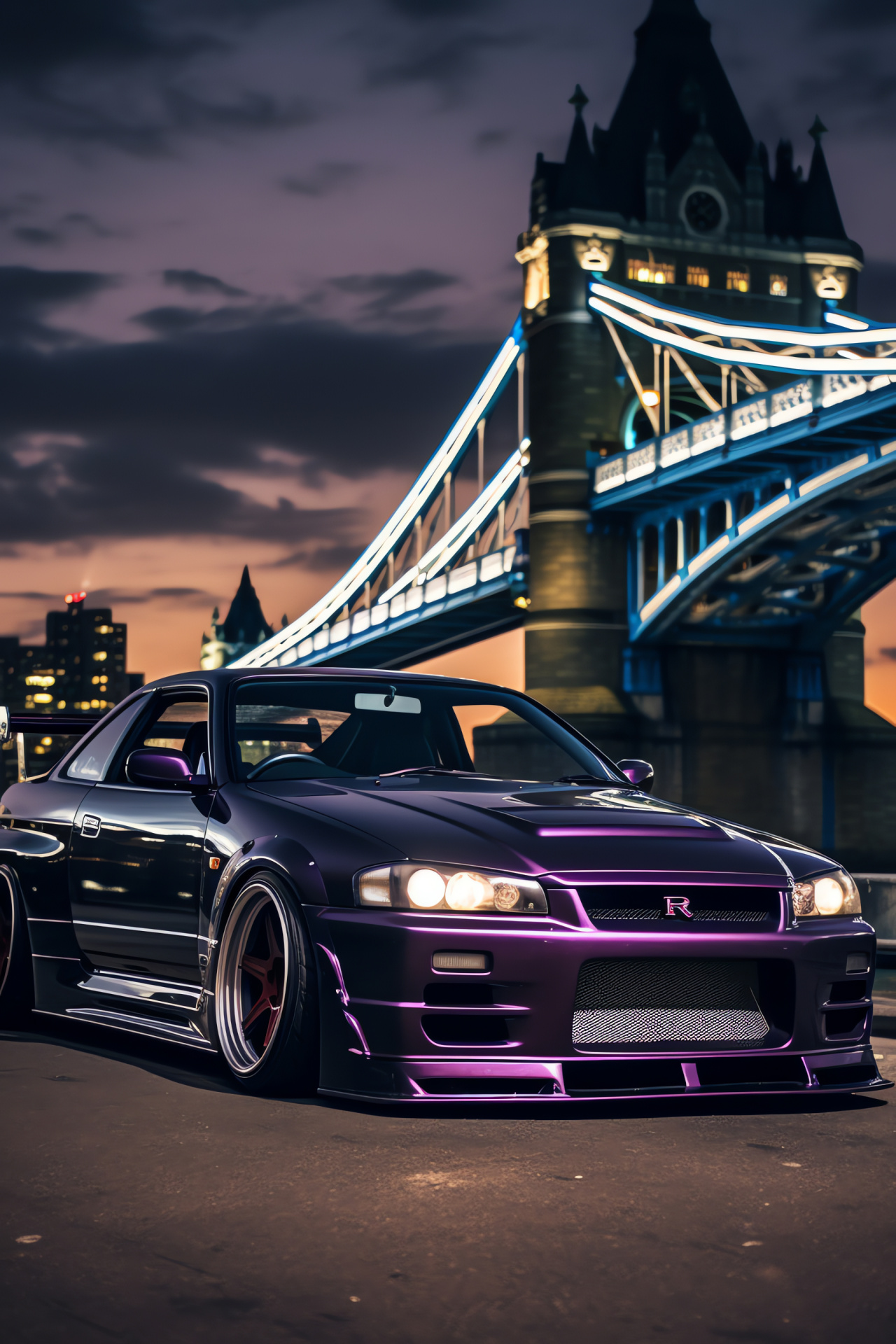 Nissan Skyline GTR, R33 dark horse, Unique Midnight Purple, London crossover, Tower Bridge encounter, HD Phone Wallpaper