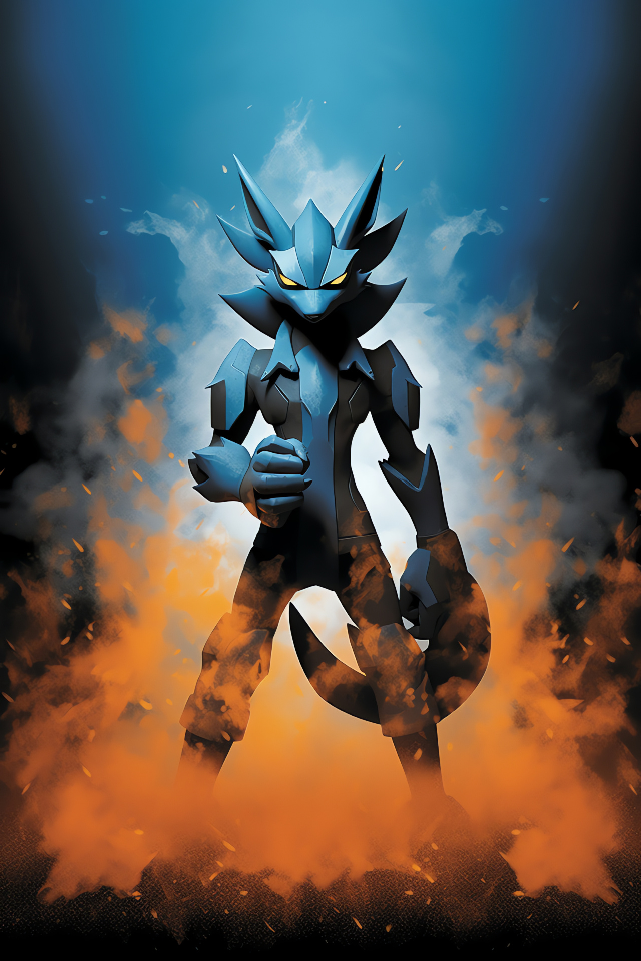 Lucario battle stance, Combat prowess, Steel affinity, Focused glare, Dual-tone backdrop, HD Phone Wallpaper