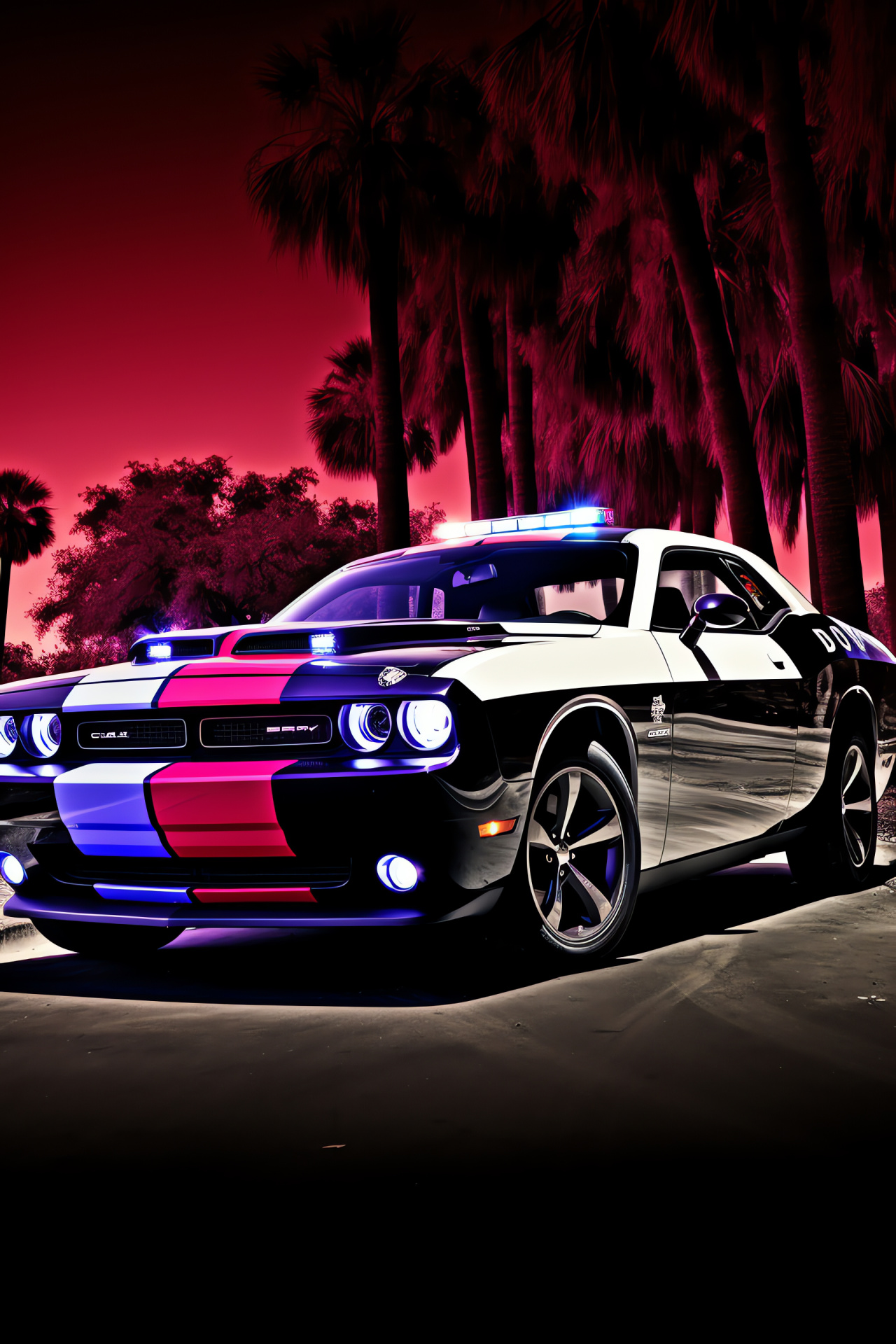 Dodge Challenger cop car, Bold black-white design, Highway enforcement, Flashing police lights, American muscle, HD Phone Image