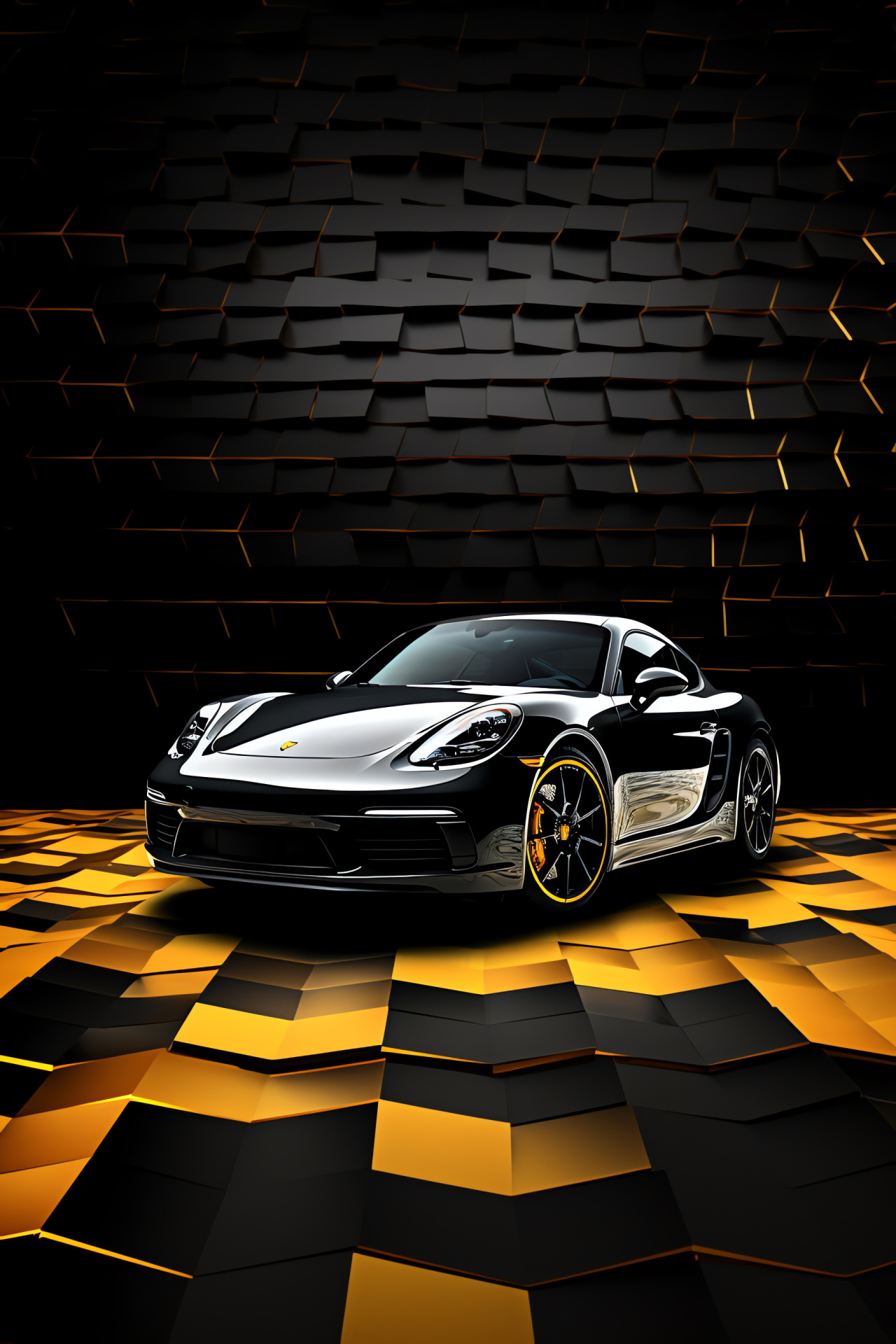 Porsche Cayman GTS style, Golden highlights, Abstract creativity, Black luxury car, Distinctive geometry, HD Phone Image