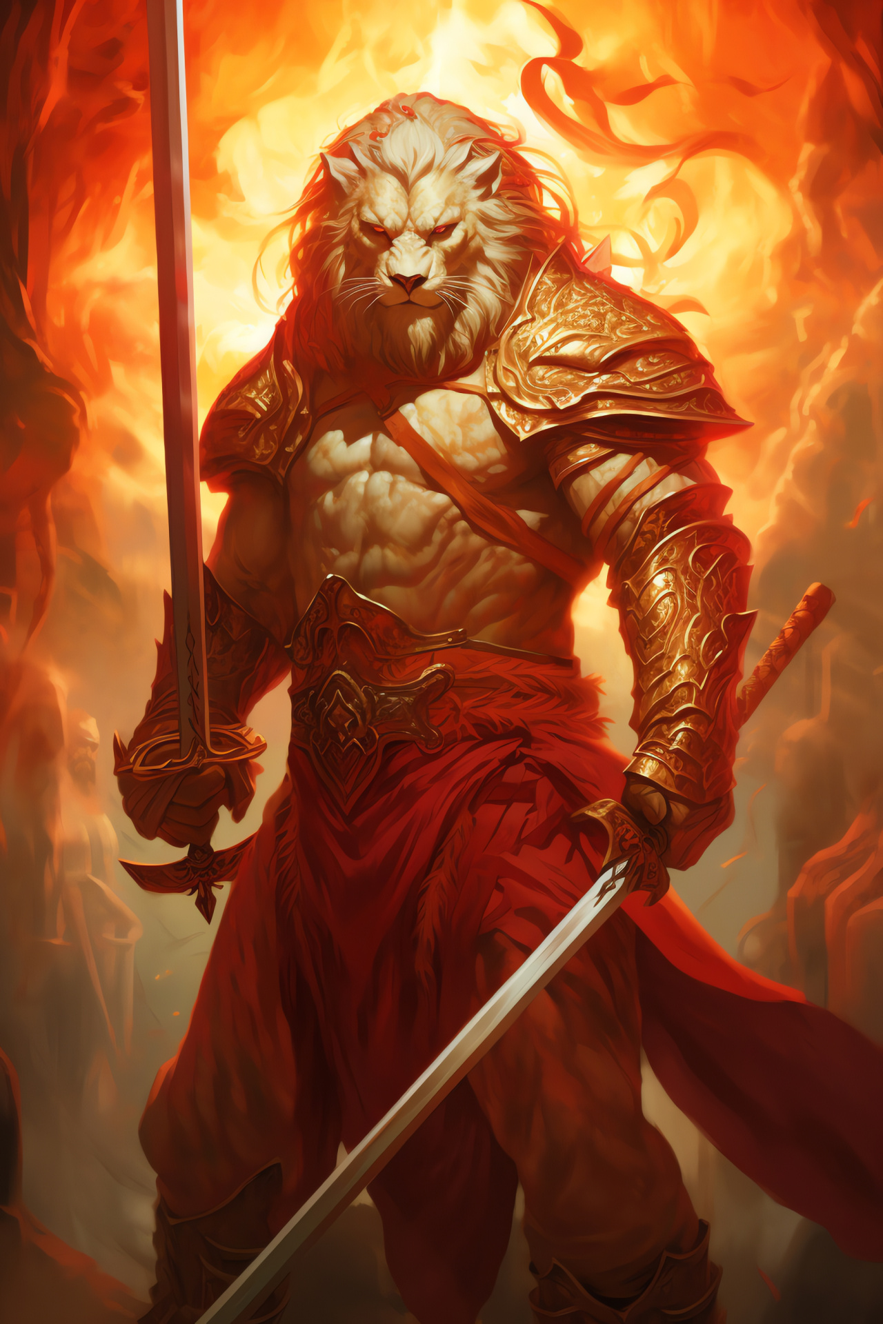 Ajani Goldmane MTG art, Luxuriant golden fur, Jade eyes, White-game world, Guardian with sword, HD Phone Image
