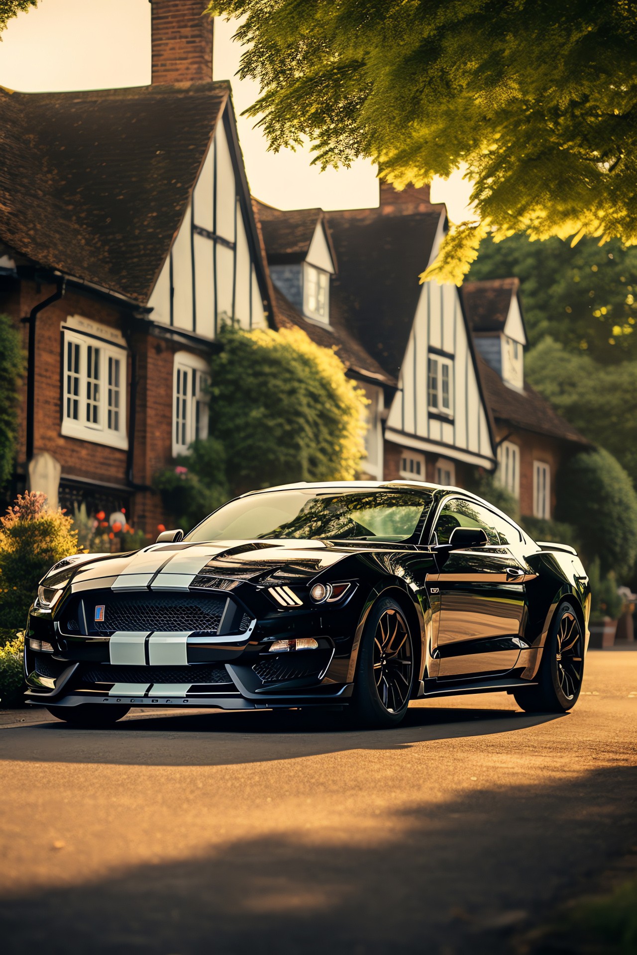 Ford Mustang GT350, Rural British backdrop, Performance driving, Idyllic village setting, Sports car sensation, HD Phone Image