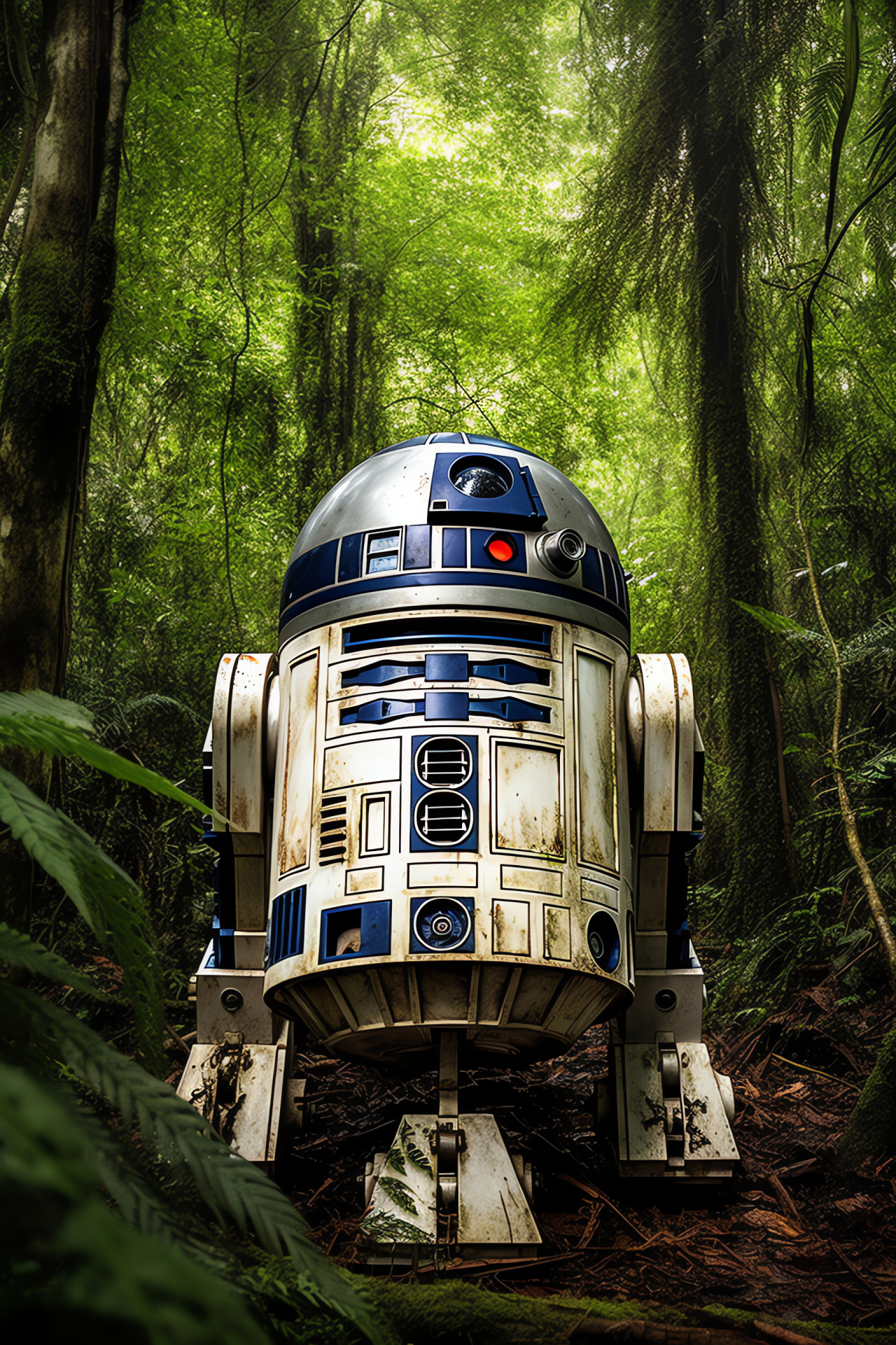 R2-D2 amongst greenery, verdant forest scene, Star Wars droid, cinematic robot, Endor's environment, HD Phone Image