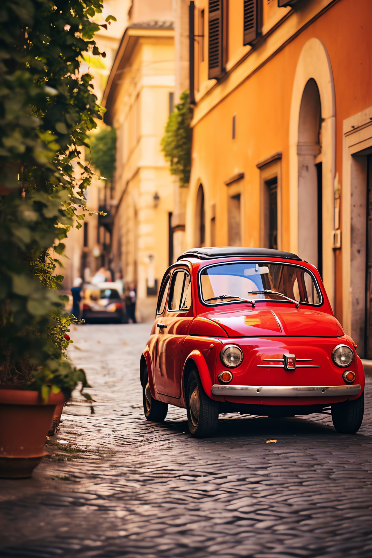 Fiat 500 in Rome, Compact Italian car, Historic city, Vibrant architecture, Retro automotive charm, HD Phone Wallpaper